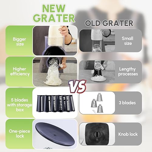 Miniatura 2 de Rallador rotativo de queso con asa, cortador de verduras y triturador de queso con 5 cuchillas de acero inoxidable, base de succión fuerte y caja de