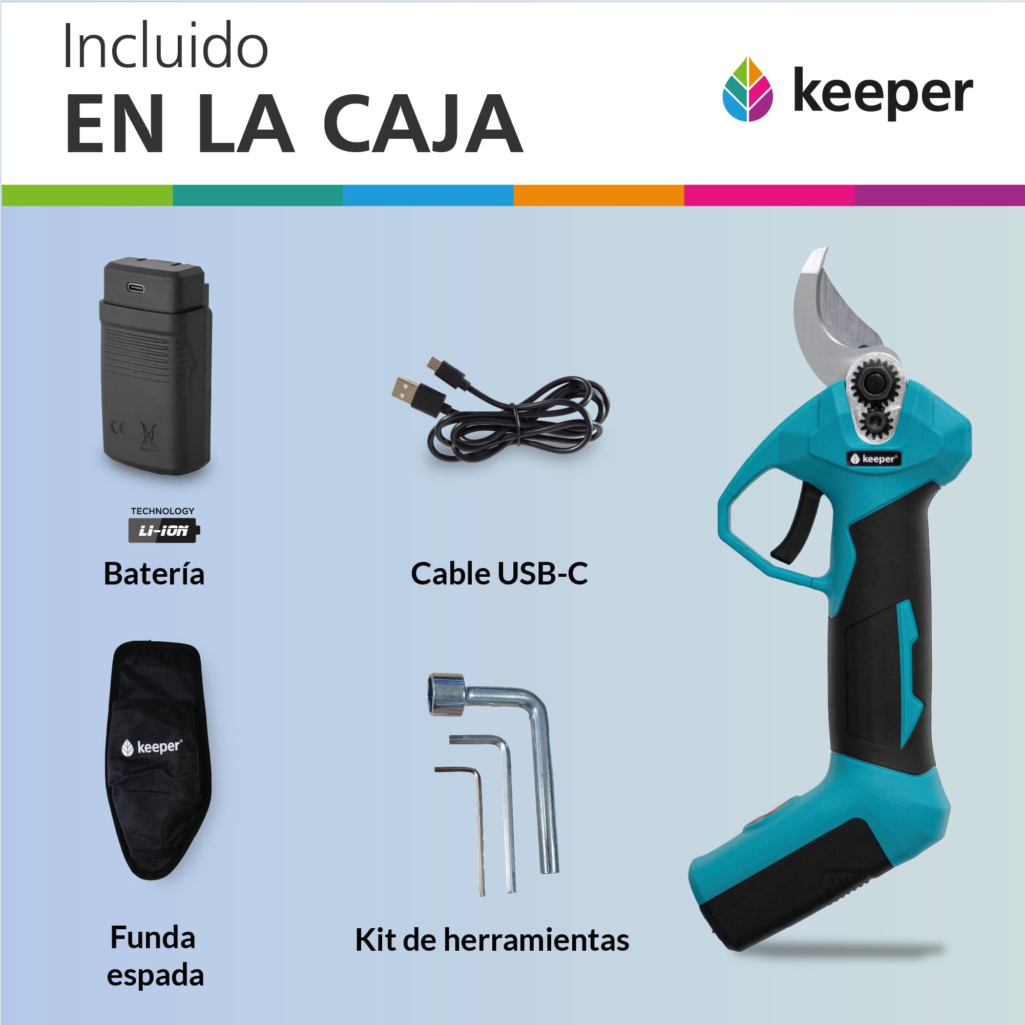 KEEPER KP25.Tijera de podar Eléctrica para jardinería inalambrica. Corte Ø 22 mm. Motor 7,2 V. 2,5 Ah.Autonomia de 3h. Batería extraible incluida. Carga USB.Poda Eléctrica. Jardineria Profesional