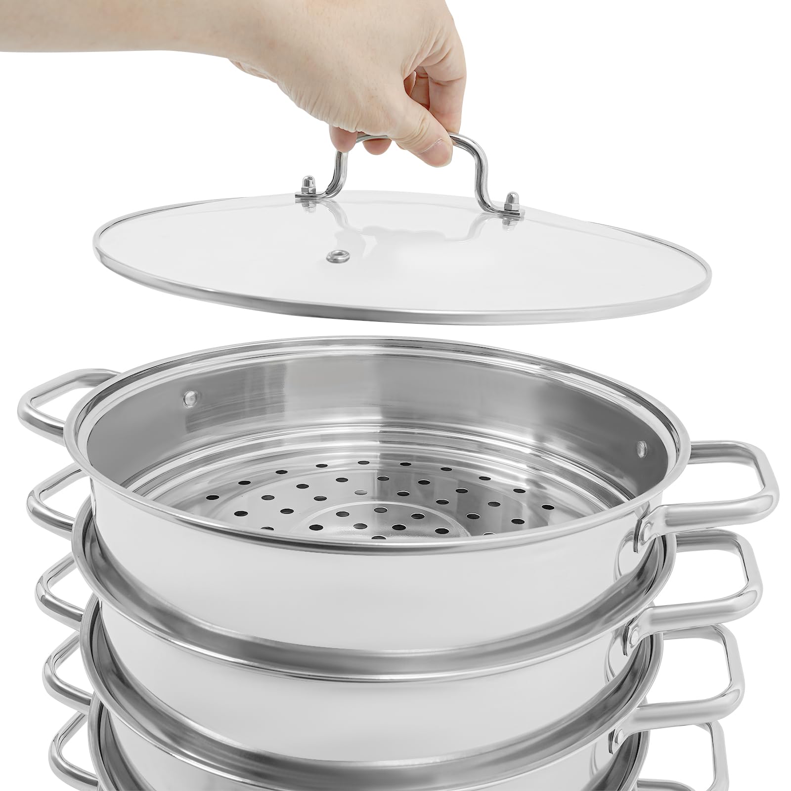 Cottura a vapore a 5 ripiani, in acciaio inox, Ø 32 cm, fornello a vapore con coperchio in vetro, pentola per piani cottura a induzione, fornello a gas, argento