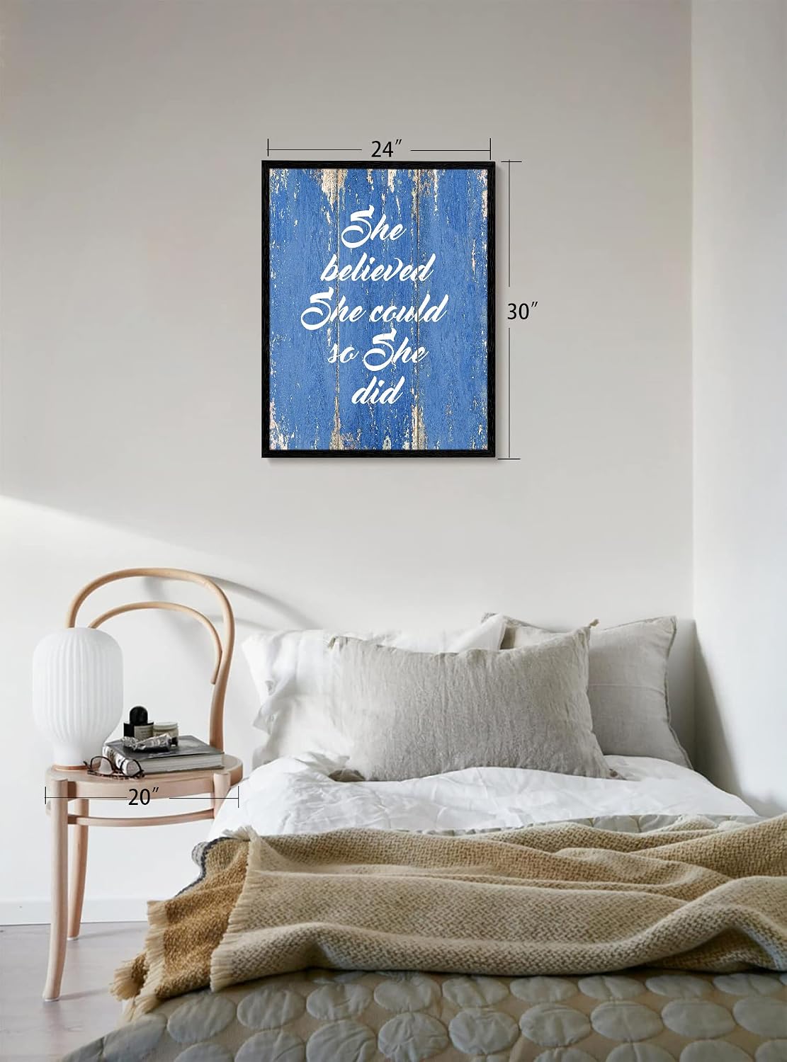 She Believed She Could So She Did - FRAMED - Quote Motivational Wall Art Canvas Print Home Decor, Black Real Wood Frame, Blue, 7x9