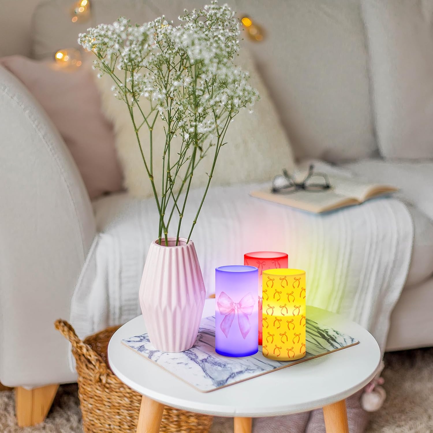 Retisee 3 Pcs Coquette Pink Bow Flameless LED Candles with Remote Pink Bow Room Decor 3x6 Inch Color Changing Battery Operated Pillar Candles for Party