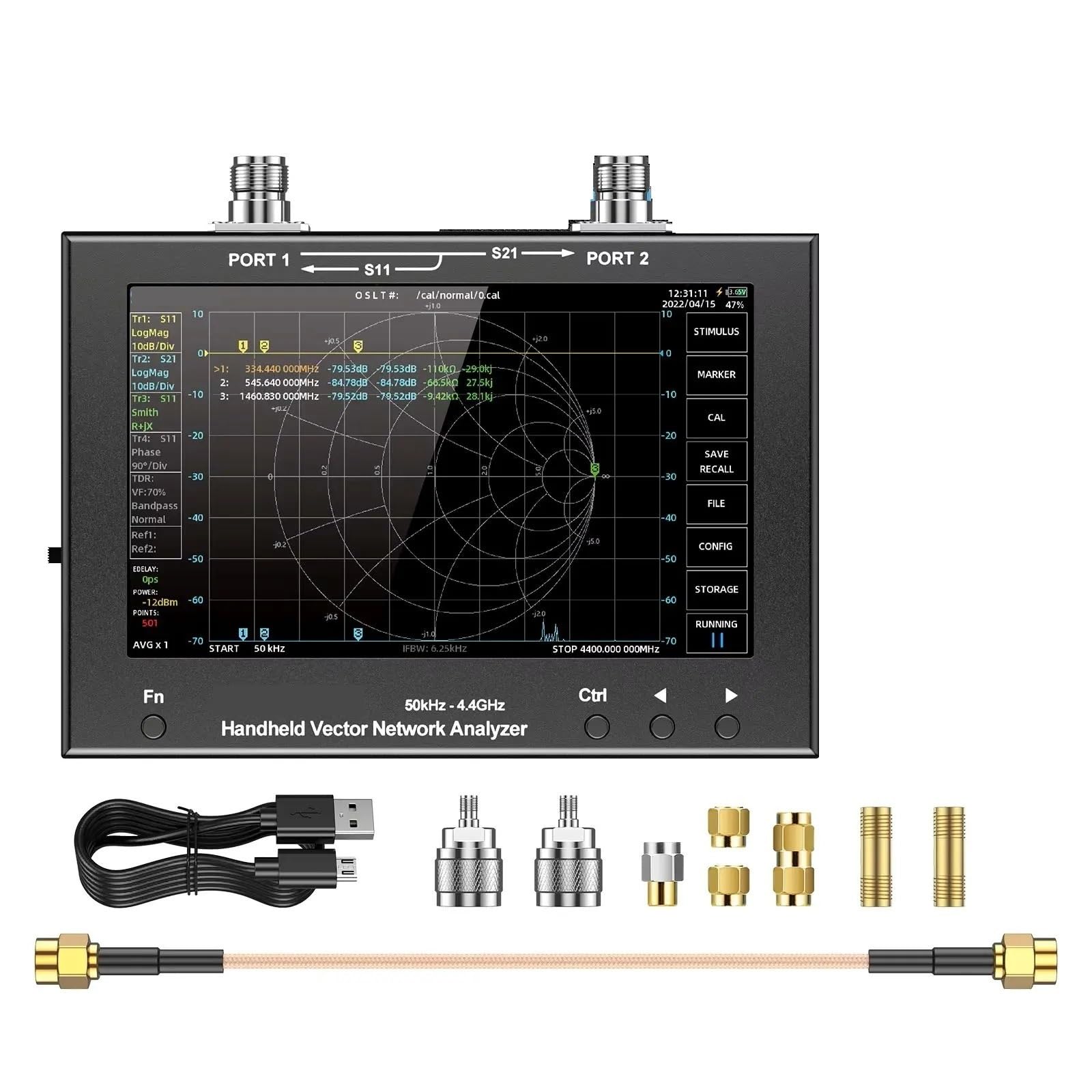 Analizador de red vectorial táctil IPS de 7 pulgadas, VNA portátil de 50 KHz-4,4 GHz, rango dinámico de 100 dB, analizador de antena