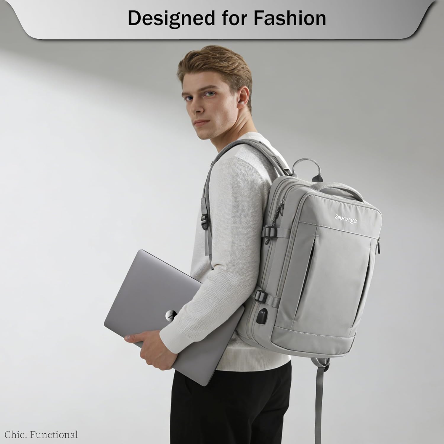 Travel Backpack, Expandable Large Capacity Business Work, Water Repellent Carry On Daypack with USB Charging Port, Fit 17 Inch Laptop, Bag for Men and Women, Grey