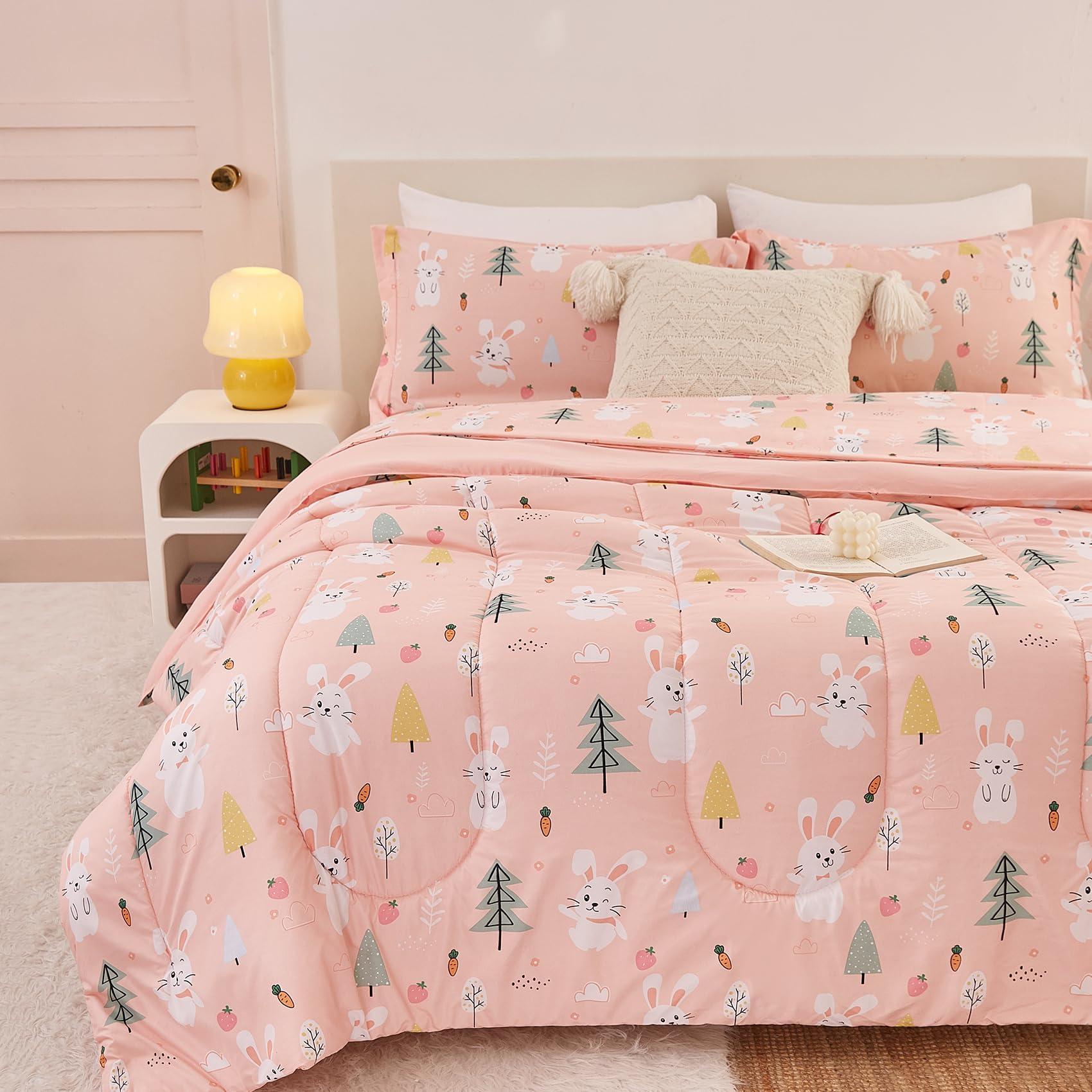 Yibeizi Pink Bunny Kids Comforter Set for Girls Full Cute Bedding