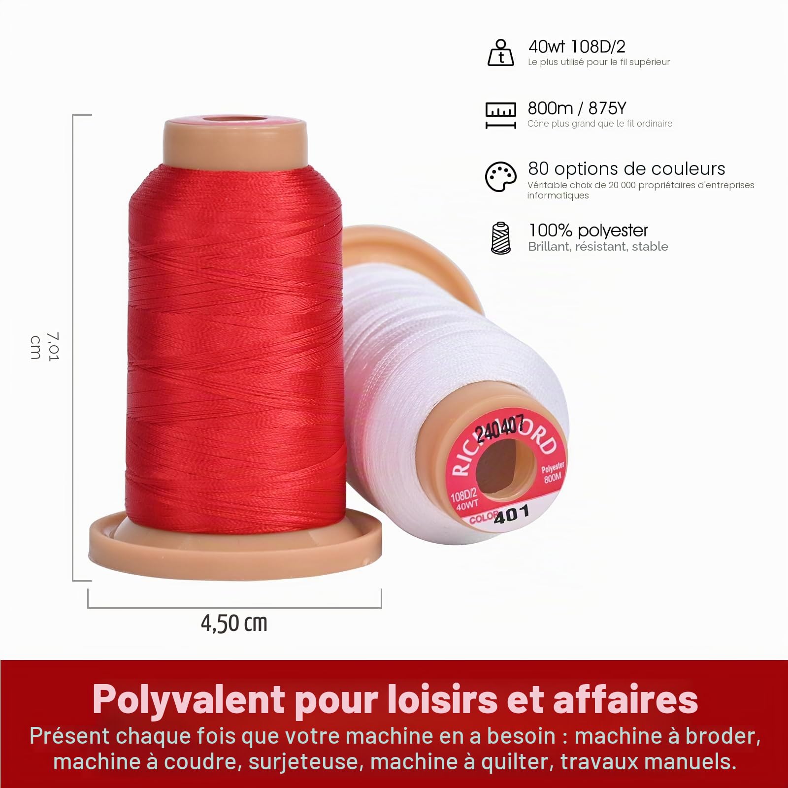 Kit de fil à broder en polyester 40 couleurs 800 m (550Y) par bobine, pour machines à broder et machines à coudre