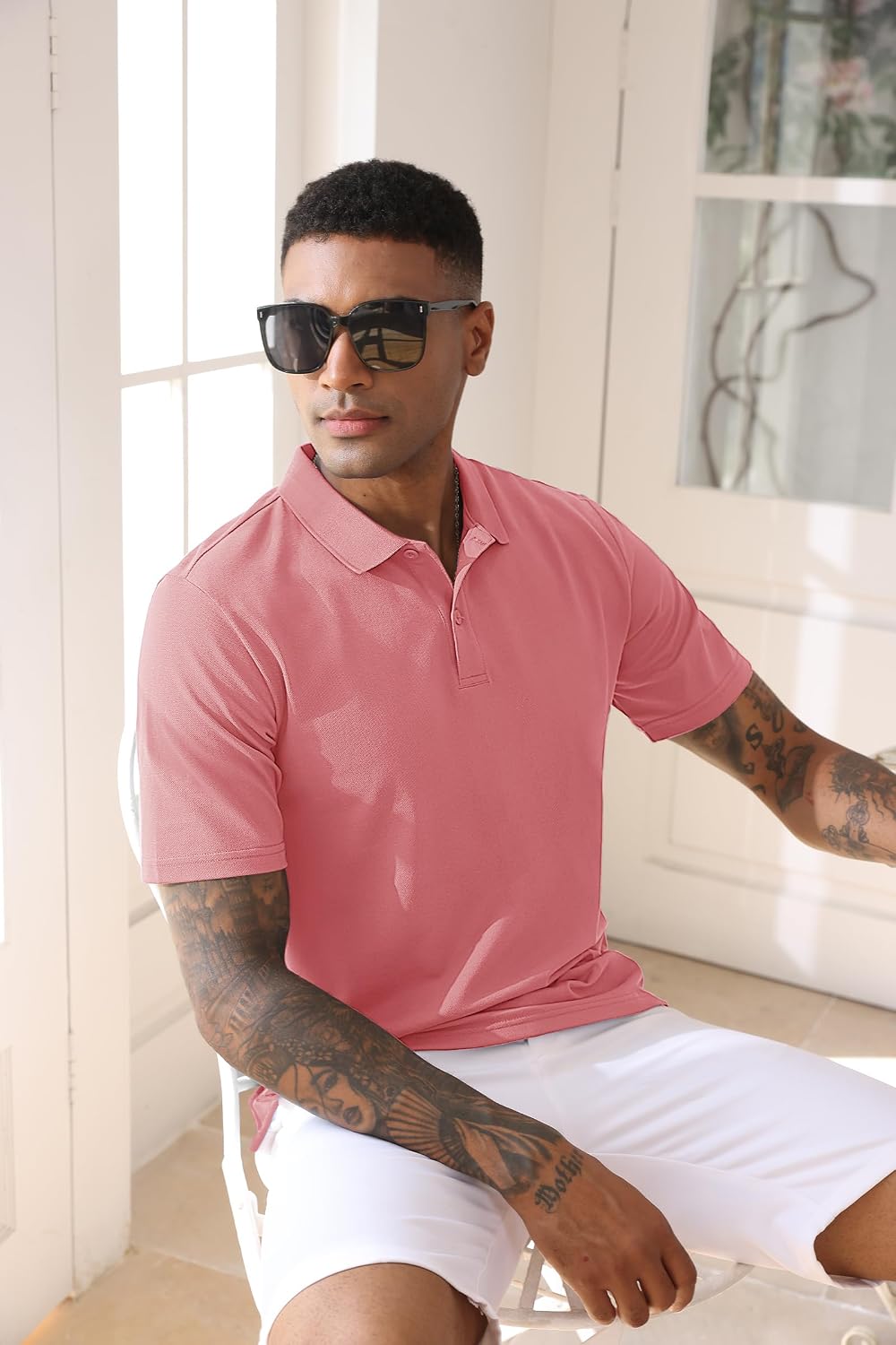 TACVASEN Golf Polo for Men Dry Fit Mens Polo Outdoor Polo Shirts for Men Casual Polo Shirts for Mens Casual Polo Shirts Short Sleeve Grey Pink, X-Large
