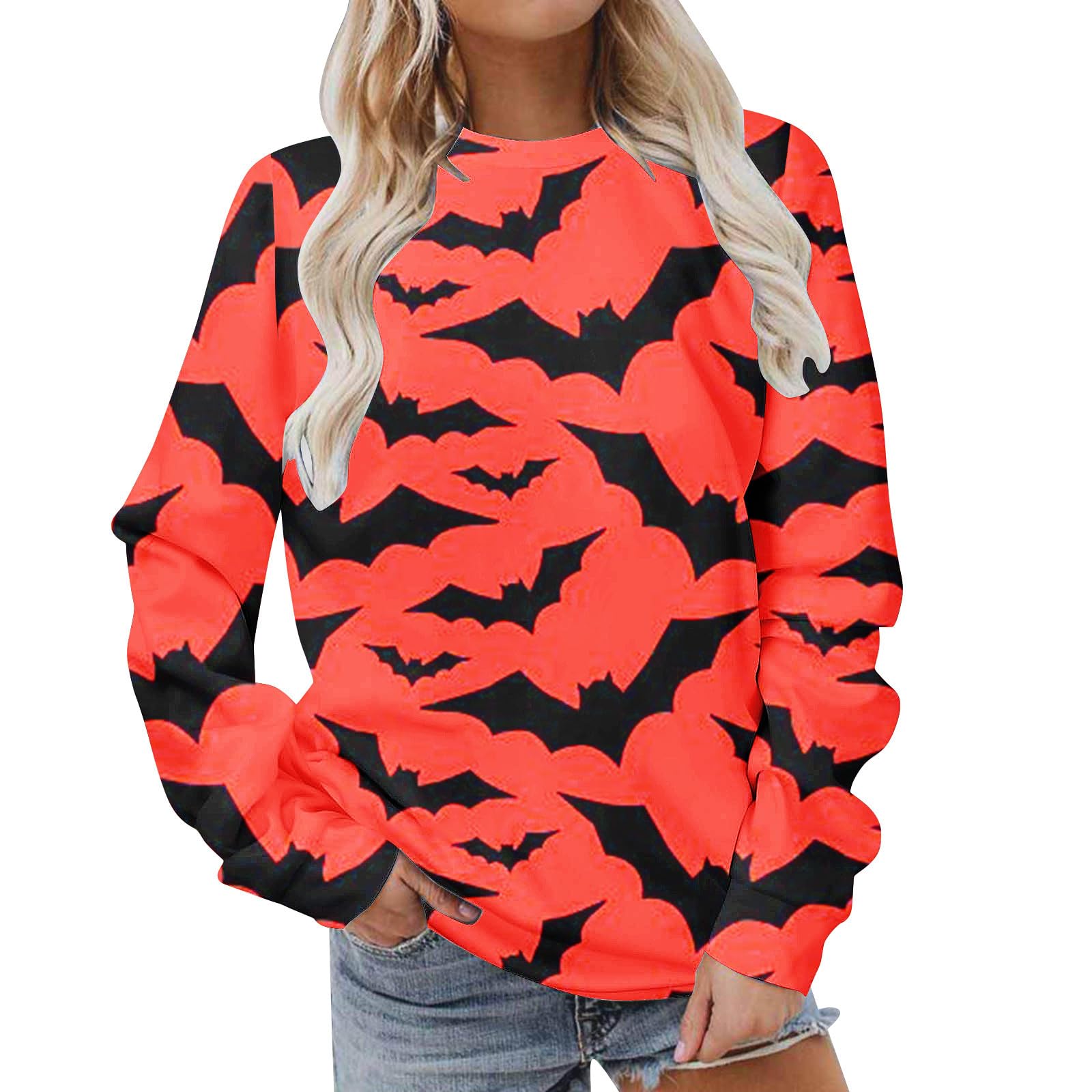 BZPIZ Womens Crew Neck Sweatshirt Tops Casual Pullover Cute Halloween Long Sleeve Teen Girl Sweaters Lightweight Loose Tops