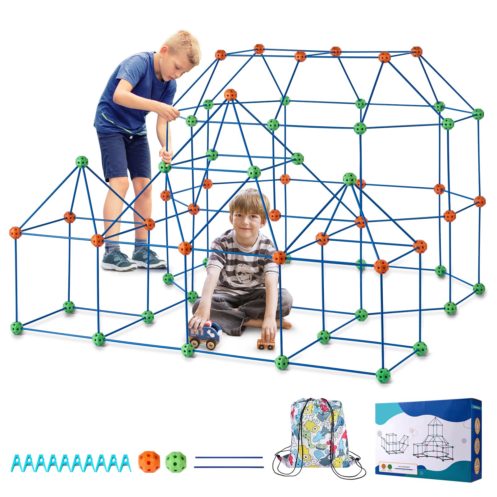 VEVOR Kit de Construcción de Fortalezas para Niños 180 Piezas de Juguetes de Construcción Stem Juego de Construcción de Carpas y Fortalezas con 120 Varillas y 60 Bolas Regalo Educativo para Niños