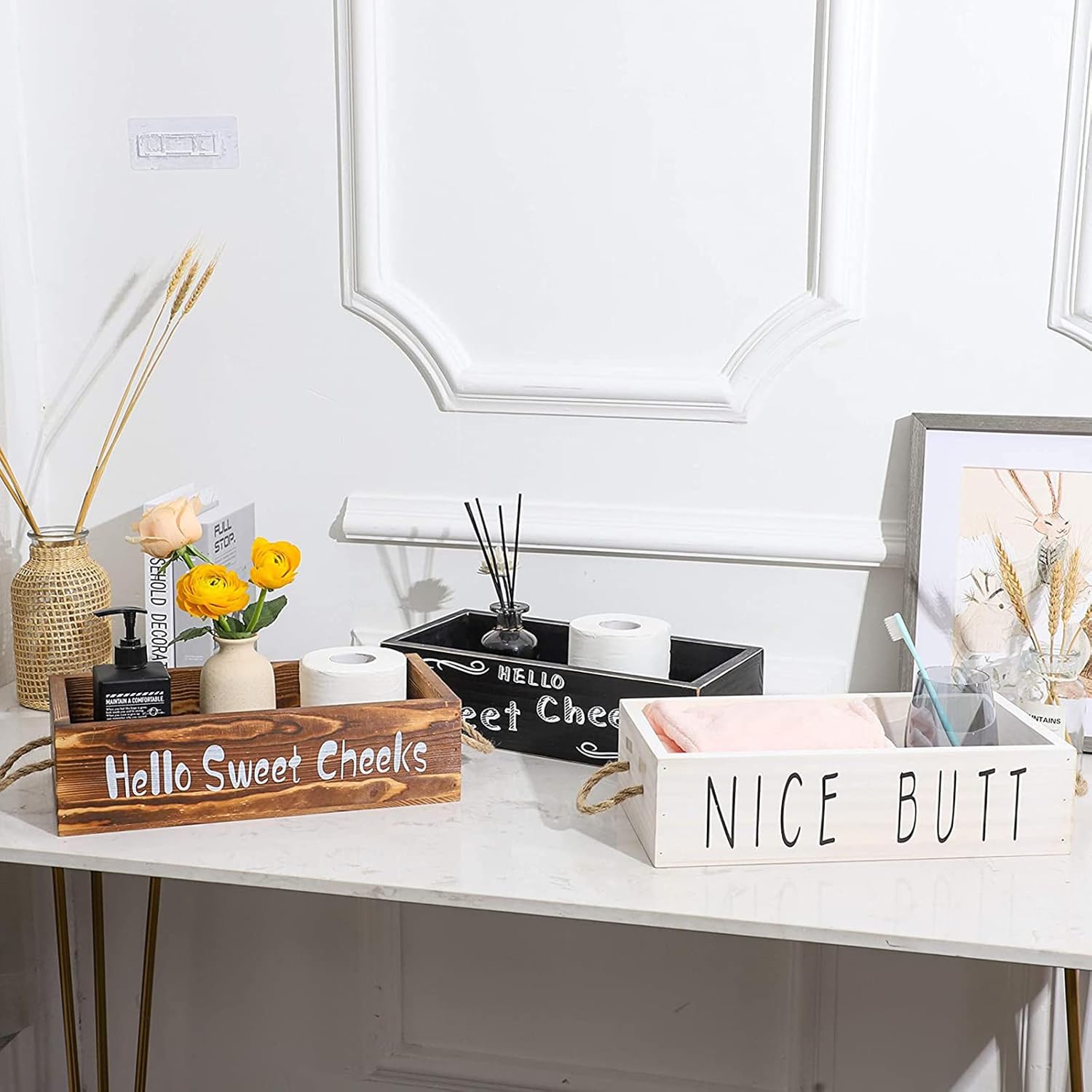 YCOCO Bathroom Decor Box, 2 Sides with Funny Sayings ,Wood Toilet Tank Storage Tray, Vintage Wooden Organizer for Tissues, Rustic Toilet Paper Holder,Farmhouse Kitchen Bathroom Decor,Brown : Tools & Home Improvement
