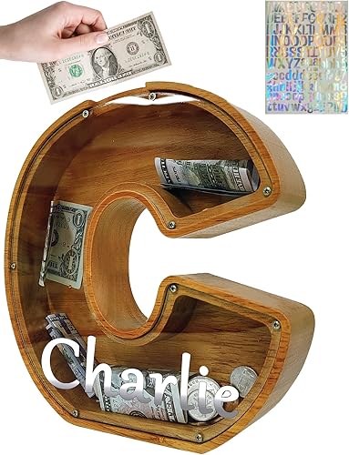 Miniatura 318 de Alcancía para niños y niñas, alcancía grande de madera personalizada con diseño recortado, bancos de monedas con letras del alfabeto, caja de ahorro