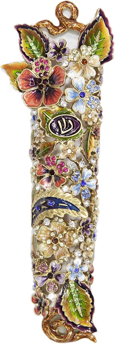 Bless This Home 5” Hand Painted Enamel MEZUZAH CASE Décor for Home with Blossom Flowers Designs Embellished with Crystals to Keep Your Scroll Hebrew Parchment |Tropical Garden', 5"