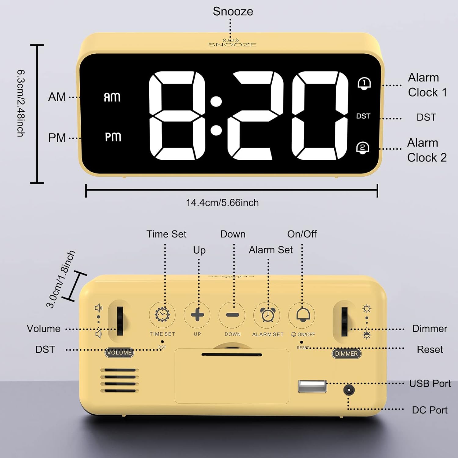 Rear view of the HOMVILLA Digital LED Alarm Clock showing labeled buttons and ports. Labels include Volume dial, Time Set button, Up button, Down button, Alarm Set button, On/Off button, Reset button, Dimmer dial, USB Port, and DC Port.