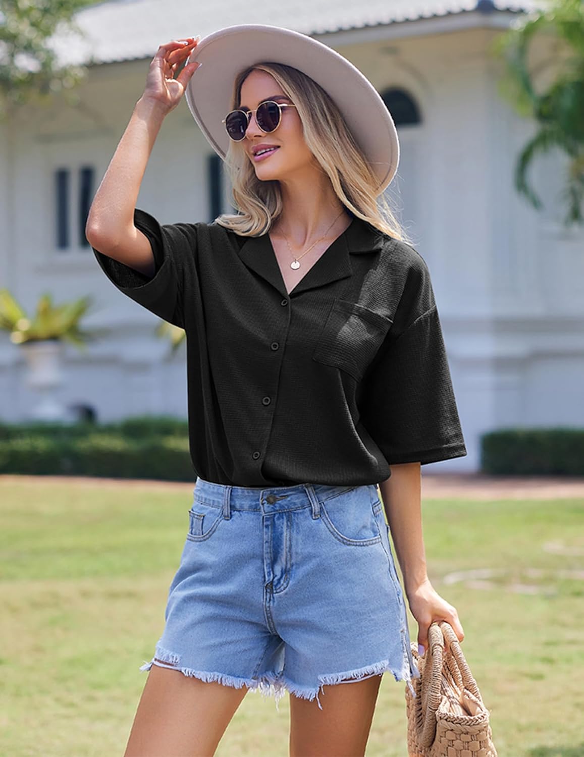 Ekouaer Pajamas for Women Waffle Knit Lounge Set Button Down Loungewear Soft Short Sleeve Pjs Shorts Set S-XXL - Image 5