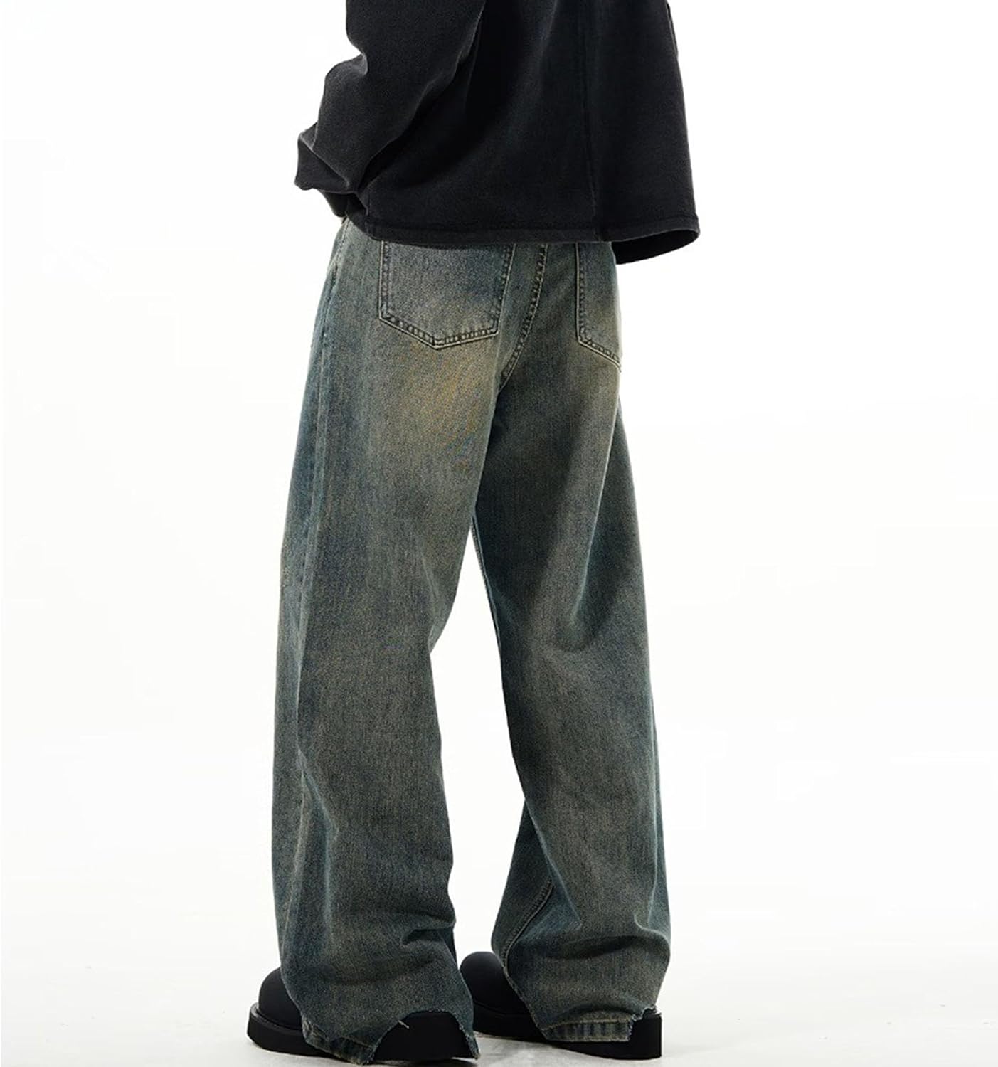Men Casual Hip Hop Make Old Jeans Loose Micro Flare Denim Pants Vintage Fade Washed Baggy Trousers