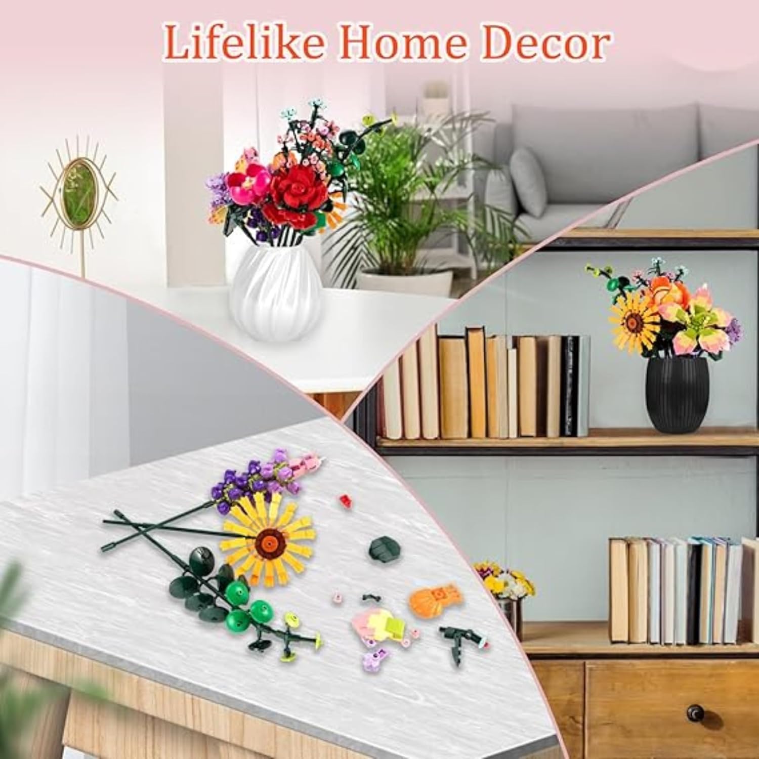 A collage of three images showing the assembled flower bouquet as home decor in different settings: on a white table in a living room, on a bookshelf, and on a desk.