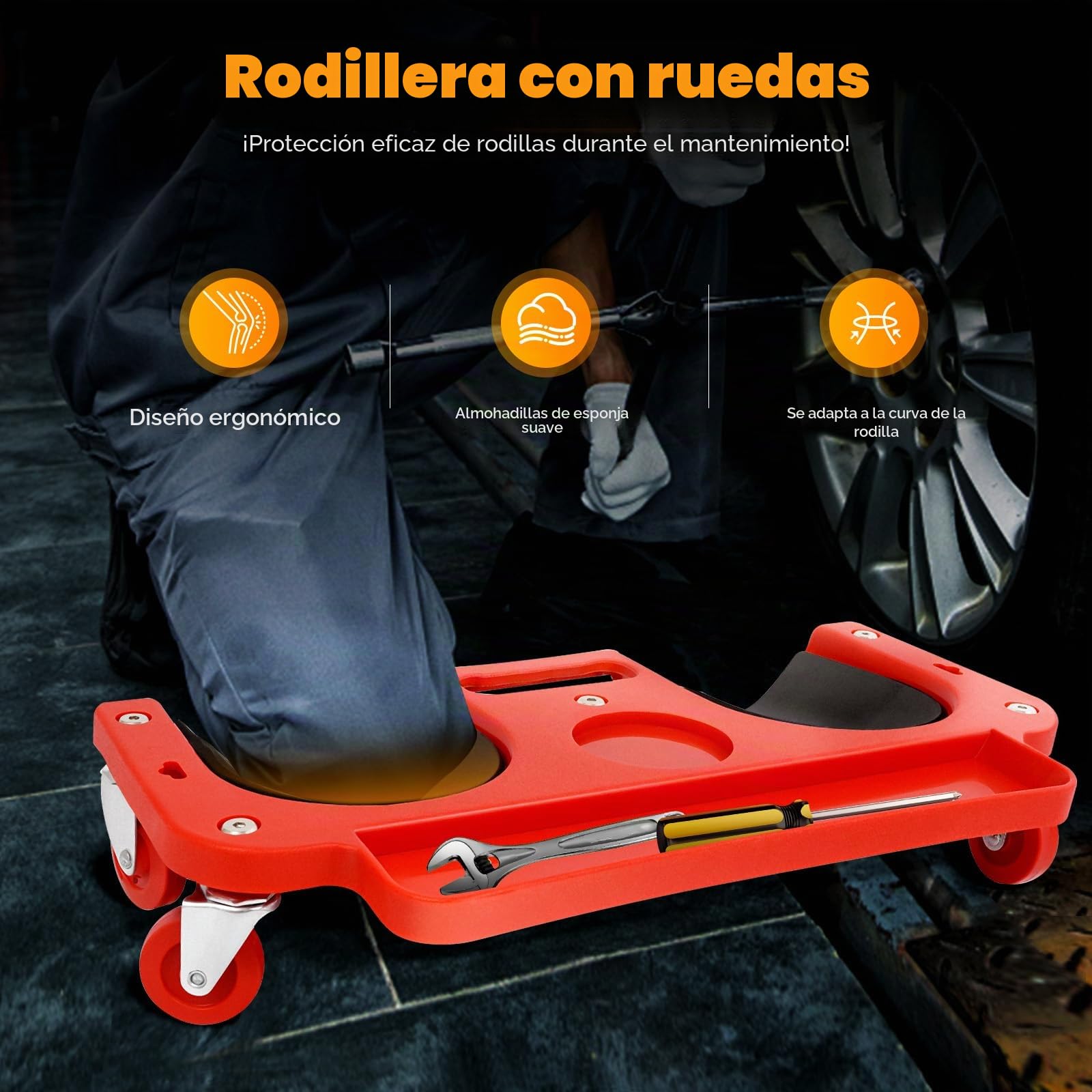 Rodilleras con 5 ruedas, capacidad de carga de 100 kg, diseño ergonómico, para construcción y jardinería, rojo/negro