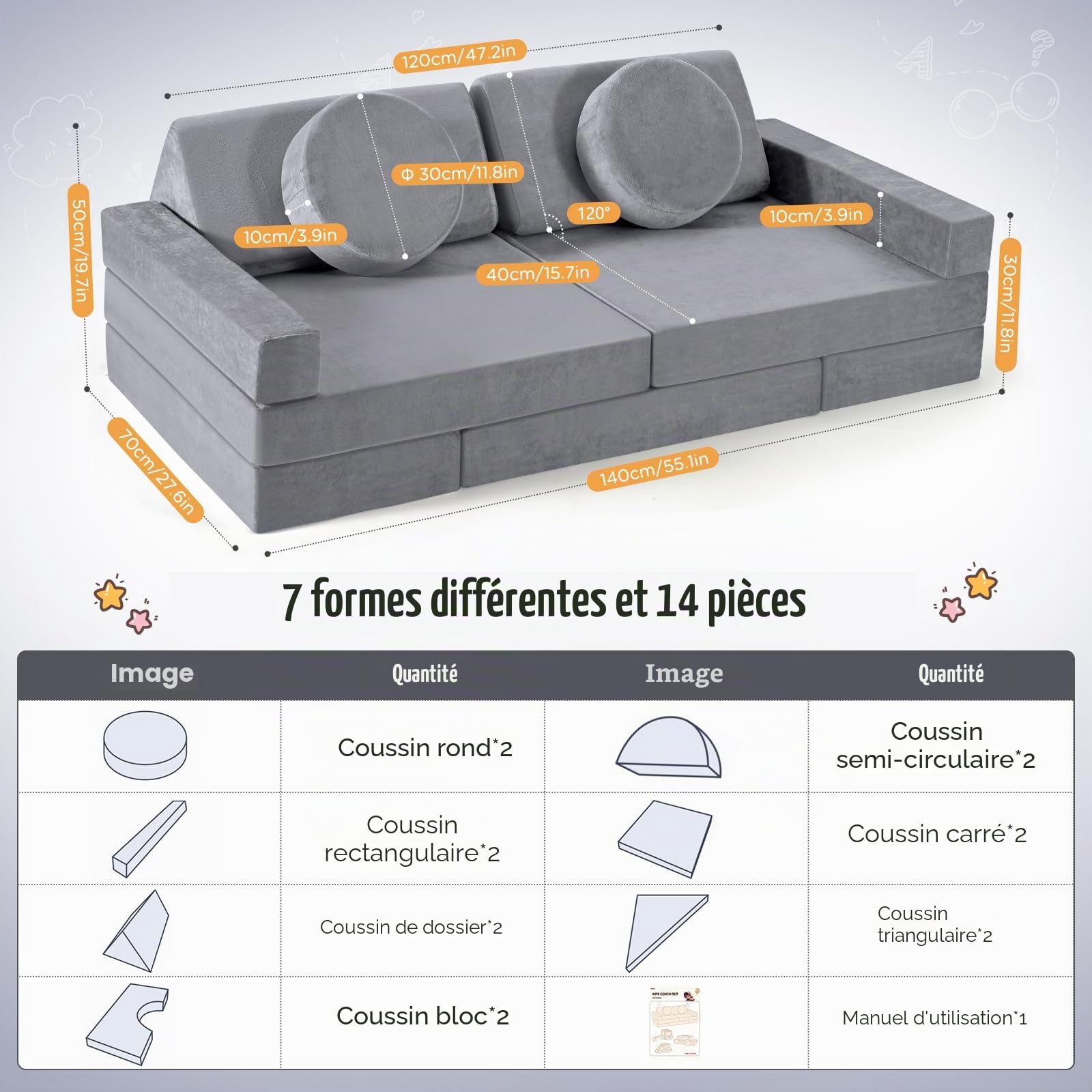 Canapé pour Enfants, canapé pour Enfants avec Blocs de Mousse, canapé modulable Pliable Multi-Styles, pour Espace de Couchage et Salle de Jeux pour Enfants (Gris-14pcs)