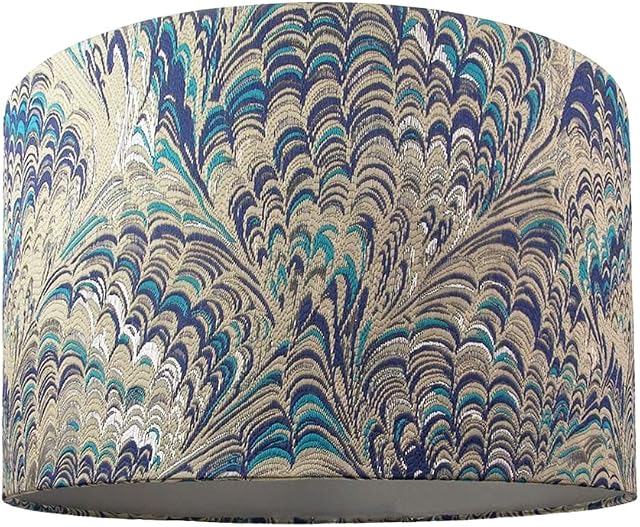 Contemporary and Vivid Peacock Print Table/Pendant Drum Lamp Shade in Teal, Grey, Blue and Silver Cotton - 35cm with Silver Satin Fabric Inner Lining | 60w Maximum by Happy Homewares