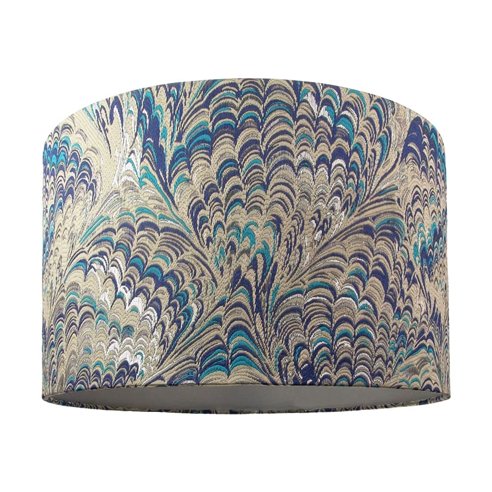 Happy Homewares Multi-Colour Contemporary And Vivid Peacock Print Table/Pendant Drum Lamp Shade In Teal, Grey, Blue And Silver Cotton - 35Cm With Silver Satin Fabric Inner Lining | 60W Maximum By