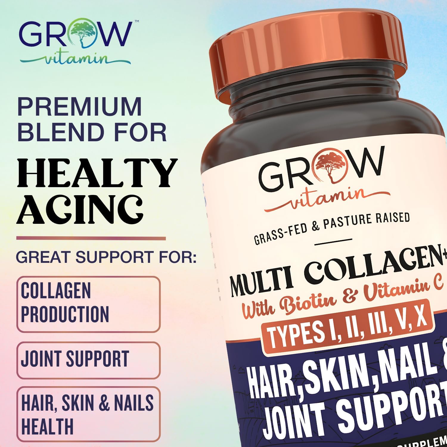 grow vitamin Multi Collagen Capsules 1800MG (Types I, II, III, V & X) - Non GMO, Grass Fed Collagen - Anti Aging Support for Hair, Skin, Nails - Protein Pills for Joint Support - 90 Capsules
