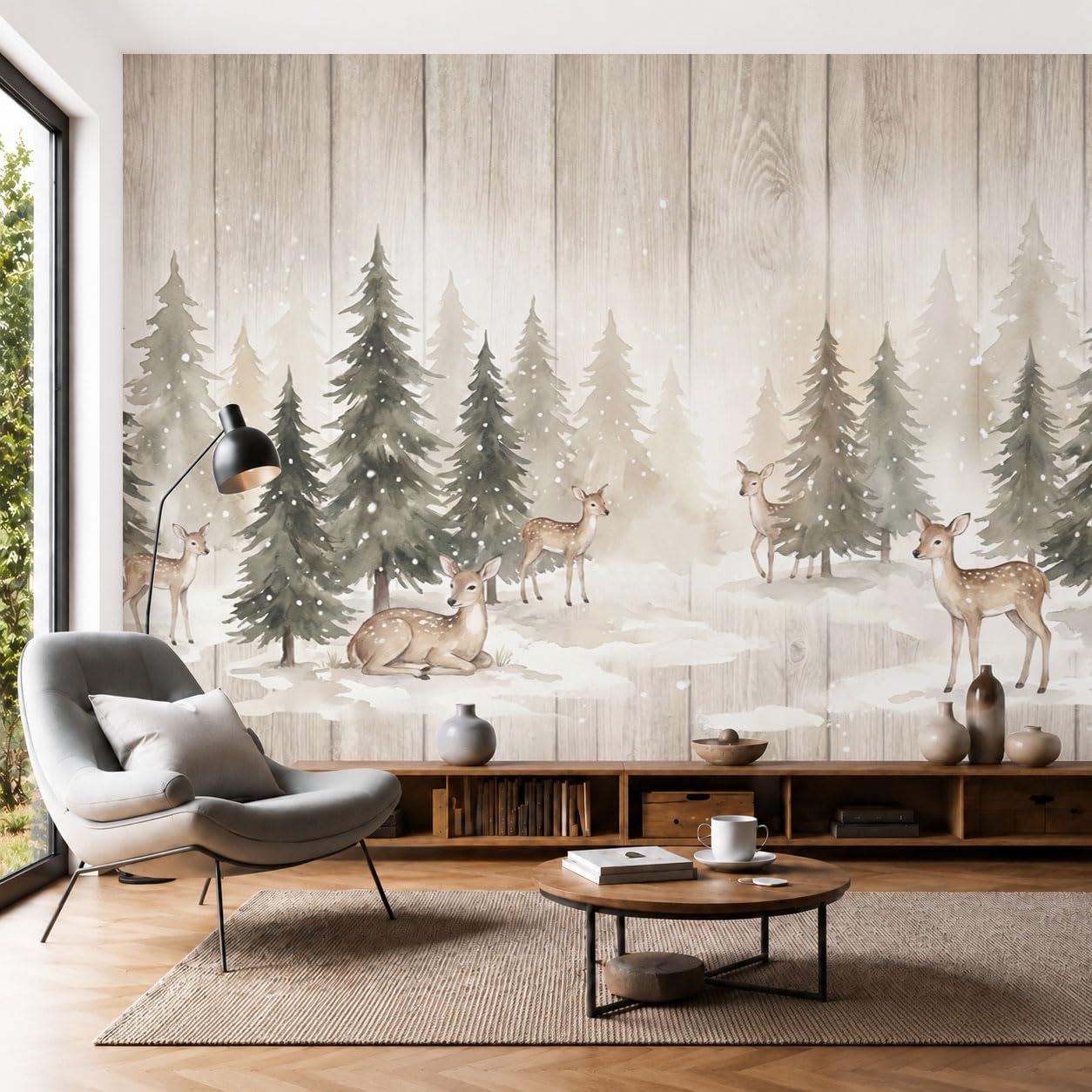 Papier peint forêt d'hiver aquarelle pour créer un salon cocooning