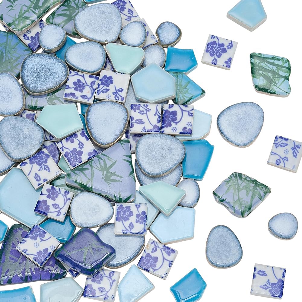 500g Irregular Ceramic Mosaic Tiles Blue Green Mosaic Tiles Bulk Broken Chinese Style Porcelain Pieces Supplies for DIY Craft Art Picture Frames Plates Flowerpots Vases Cups Home Decoration