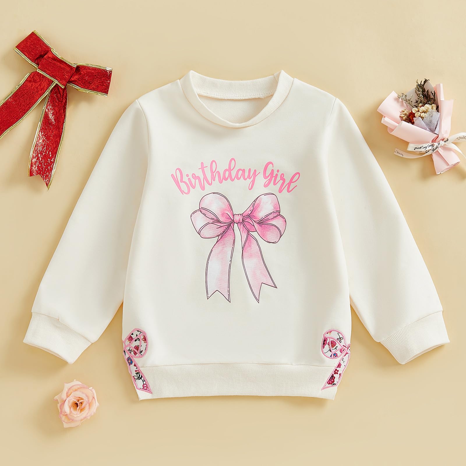Rourufy Toddler Baby Girl Birthday Outfit Fall Long Sleeve Sweatshirt 1st 2nd 3rd 4th 5th 6th Birthday Shirt Bow Clothes (A Beige, 3-4 Years)