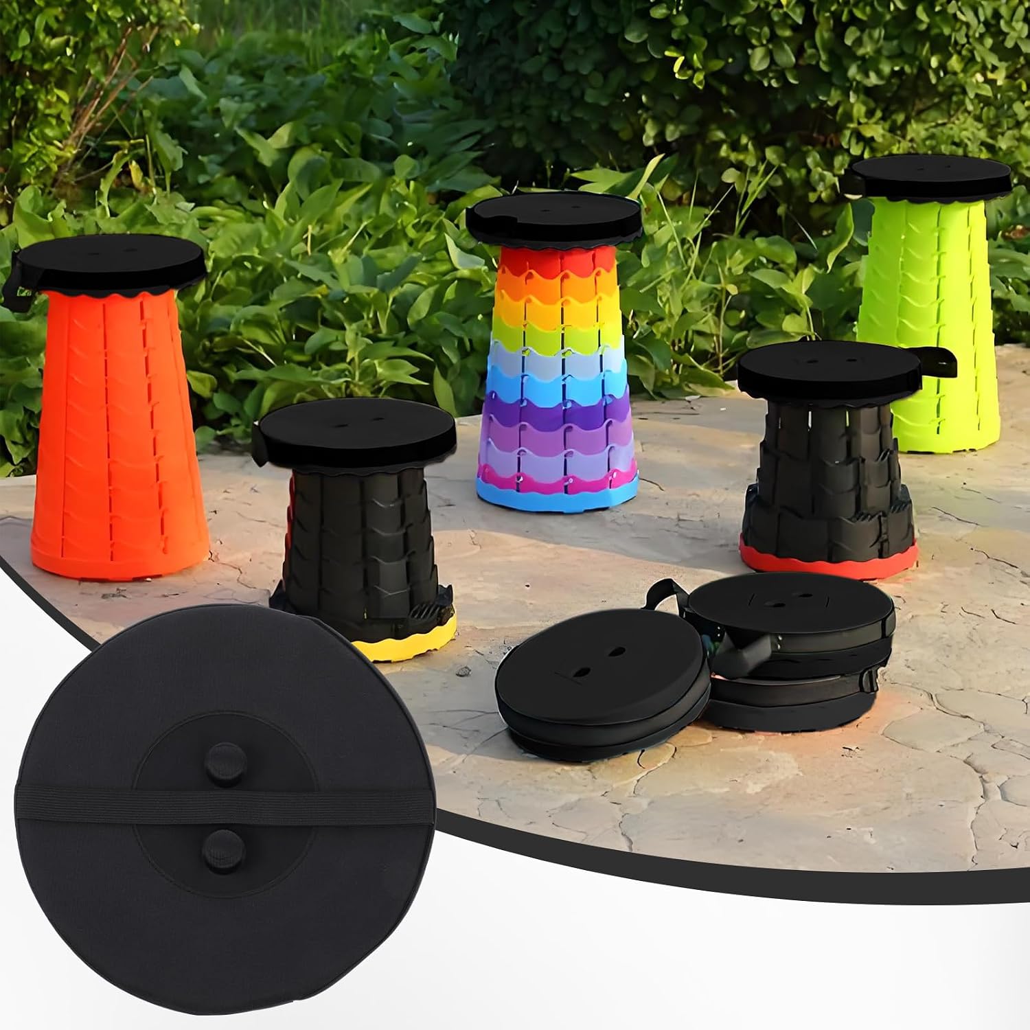 2 Pack Collapsible Stool Cushion Thickened Memory Foam Seat Cushion for Telescopic Stools, Waterproof Oxford with Elastic Straps, Portable for Camping, Fishing, Picnics (Black, 10" x 10" x 1.2")