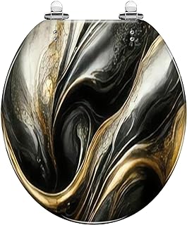 Round Toilet Seat Abstract luxury marble 3d painting Gold black colors Resin Toilet Seat Quietly Slow Close with Quick-Release Hinges Toilet Seat with Cover Easy to Clean Install