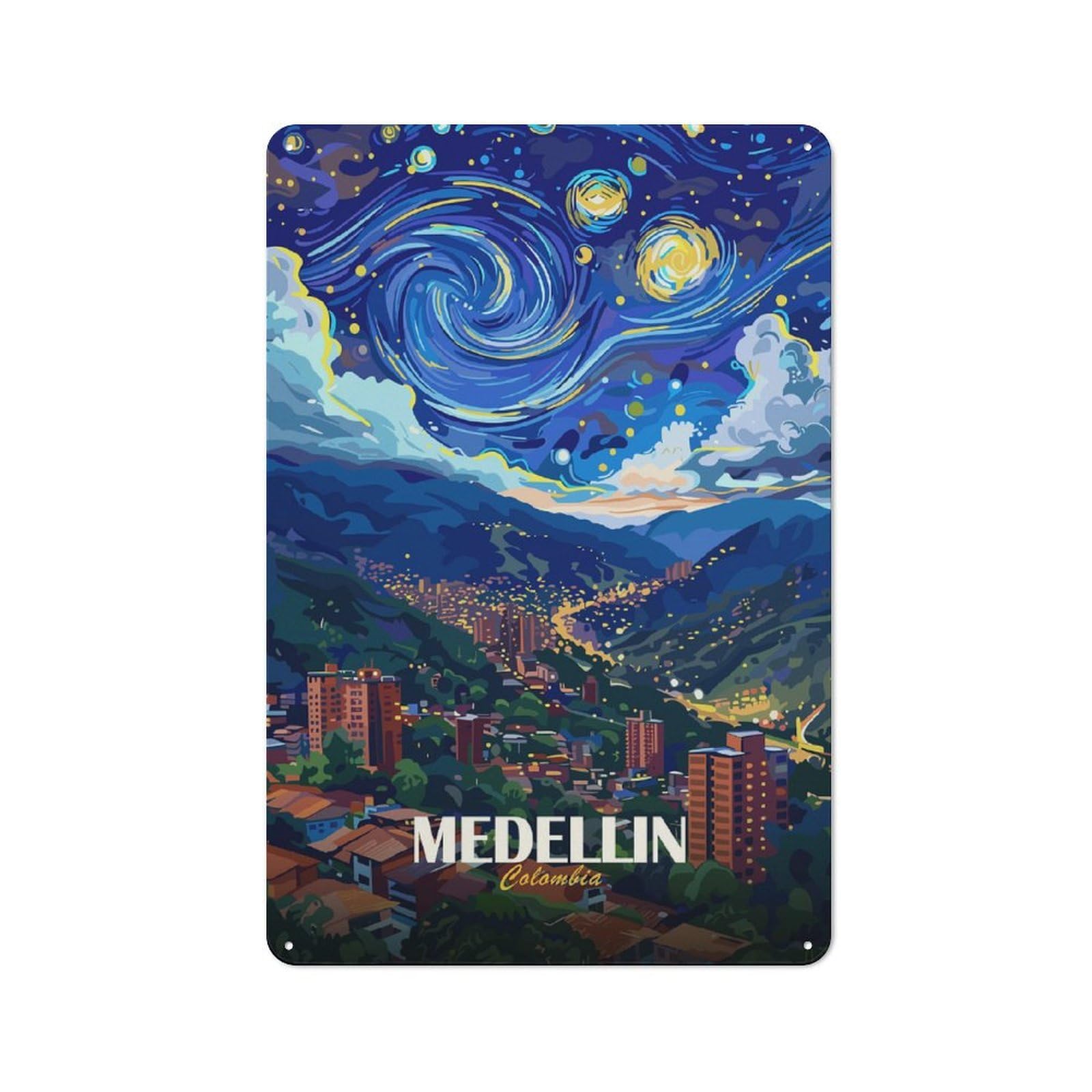 Junmoney Style-18 Medellin Colombia Starry Night Art Printed Metal Sign 30X20cm For Lounge Or Reading Corner, A Winter Wall Decor Update For Reading Corner Decorators