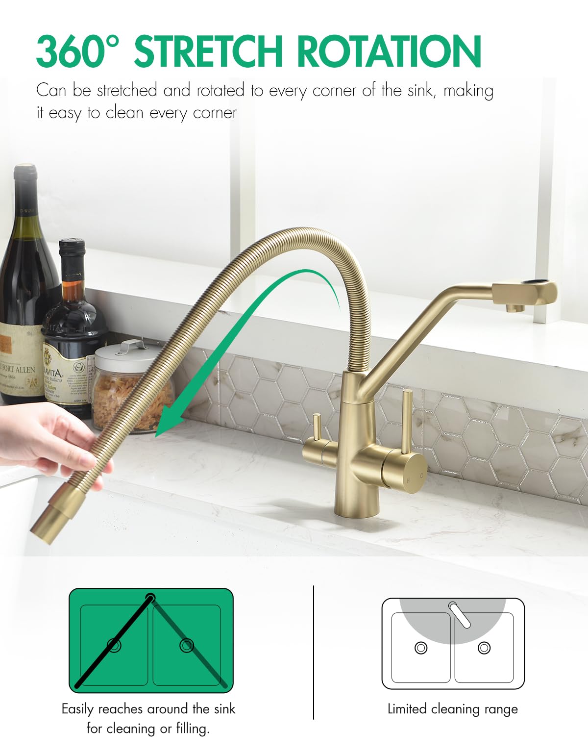 TIMACO Grifo de cocina dorado de 3 vías, giratorio 360°, con grifo 3 en 1 para filtro de agua, grifo de resorte en espiral, grifo de agua potable con doble palanca, alta presión, oro cepillado