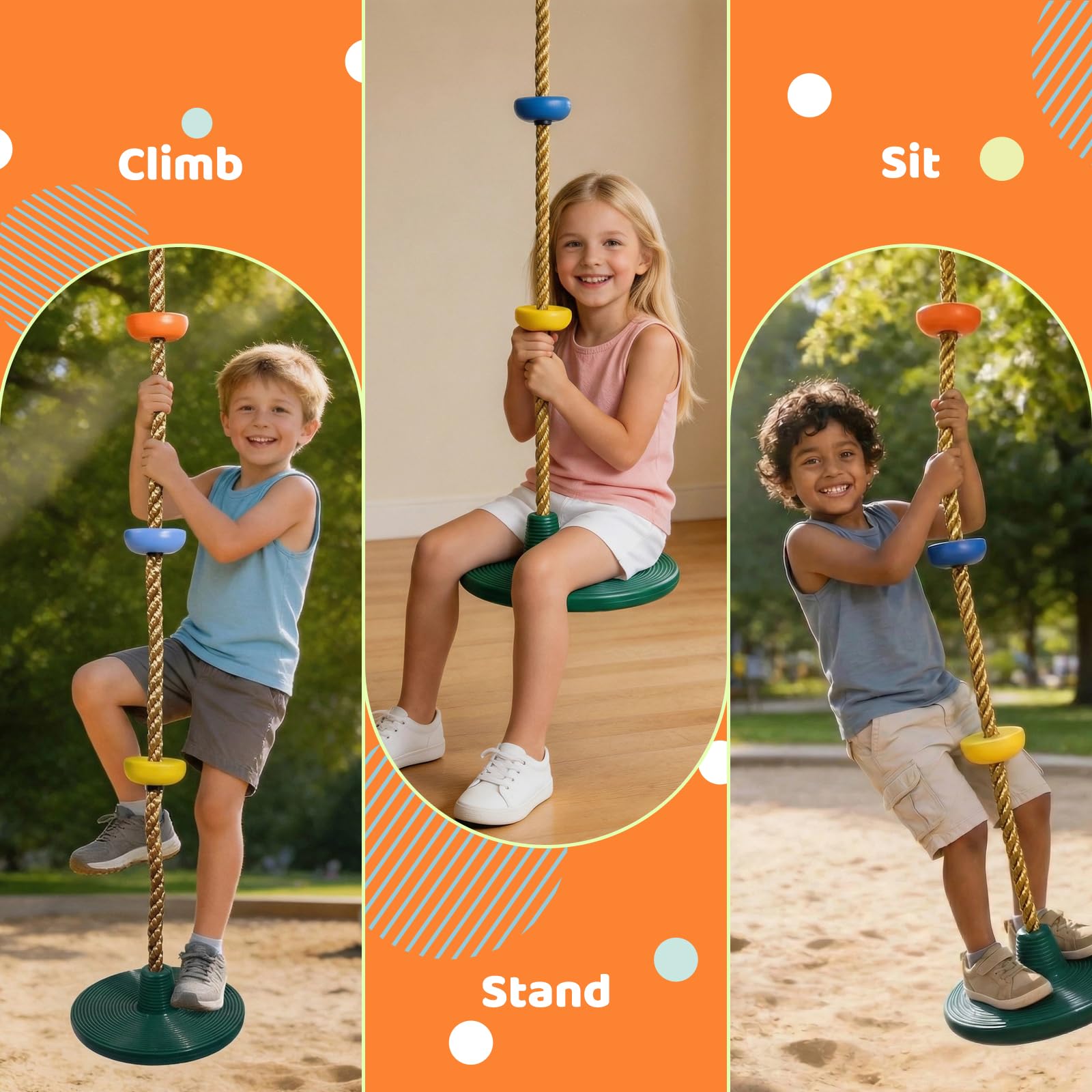 Vdealen Altalena a corda, altalena da esterno per bambini con sedile a forma di frisbee, ideale per giardino e cortile, per adulti e bambini, lunga 1,9 metri.