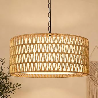 9"-52" Height Adjustable Farmhouse Chandelier Light Fixture, 5-Light Rattan Boho Chandeliers for Dining Room, Hand Woven Pendant Light with Linen Shade, Rustic Hanging Lighting for Kitchen Island