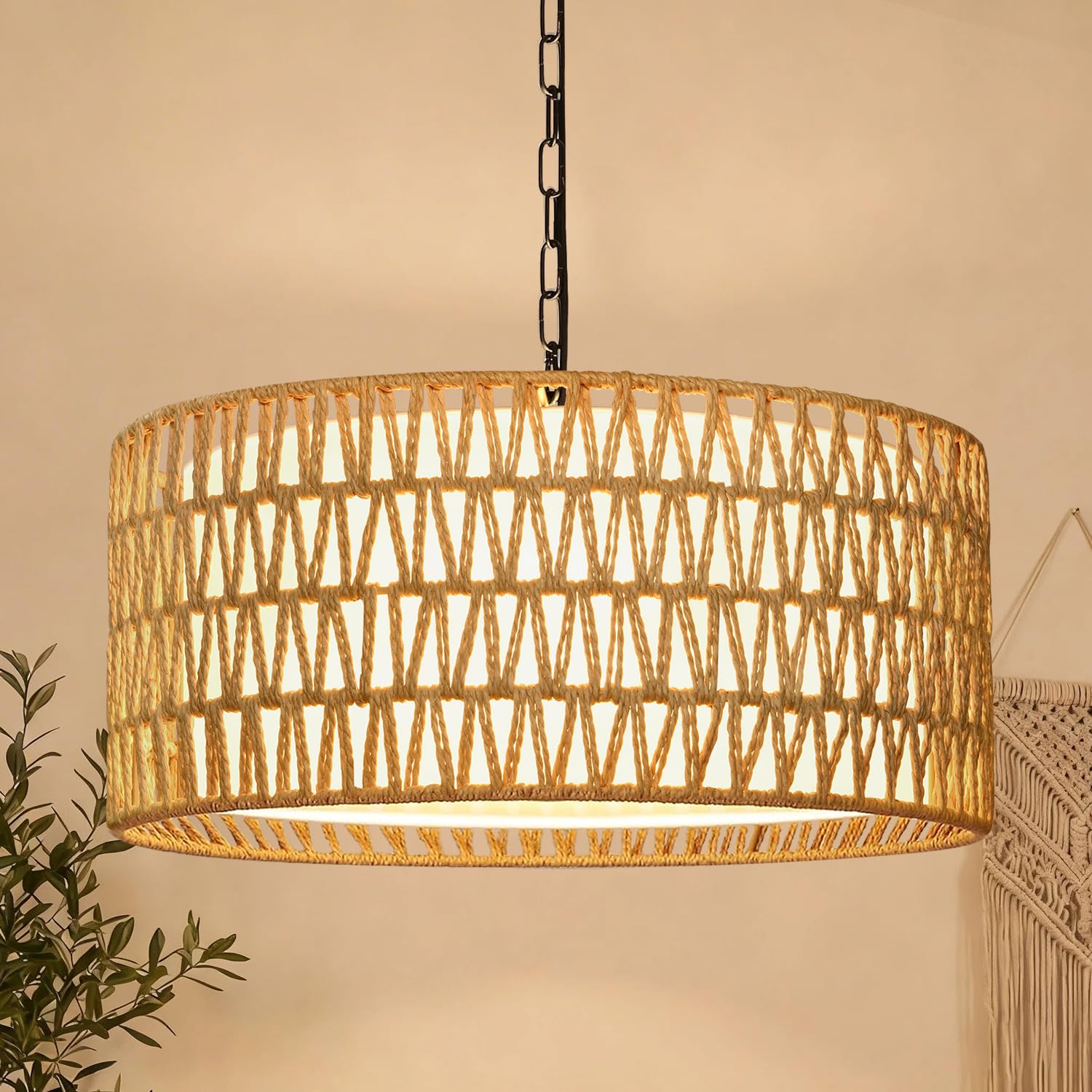 Photo 1 of 9"-52" Height Adjustable Farmhouse Chandelier Light Fixture, 5-Light Rattan Boho Chandeliers for Dining Room, Hand Woven Pendant Light with Linen Shade, Rustic Hanging Lighting for Kitchen Island