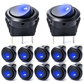 mxuteuk 12pcs 12V Round Rocker Switch Lighted SPST Switch, Blue LED Light up Toggle On-Off Switch 20A for Automotive Car Truck Boat Control KCD2-102N-BU