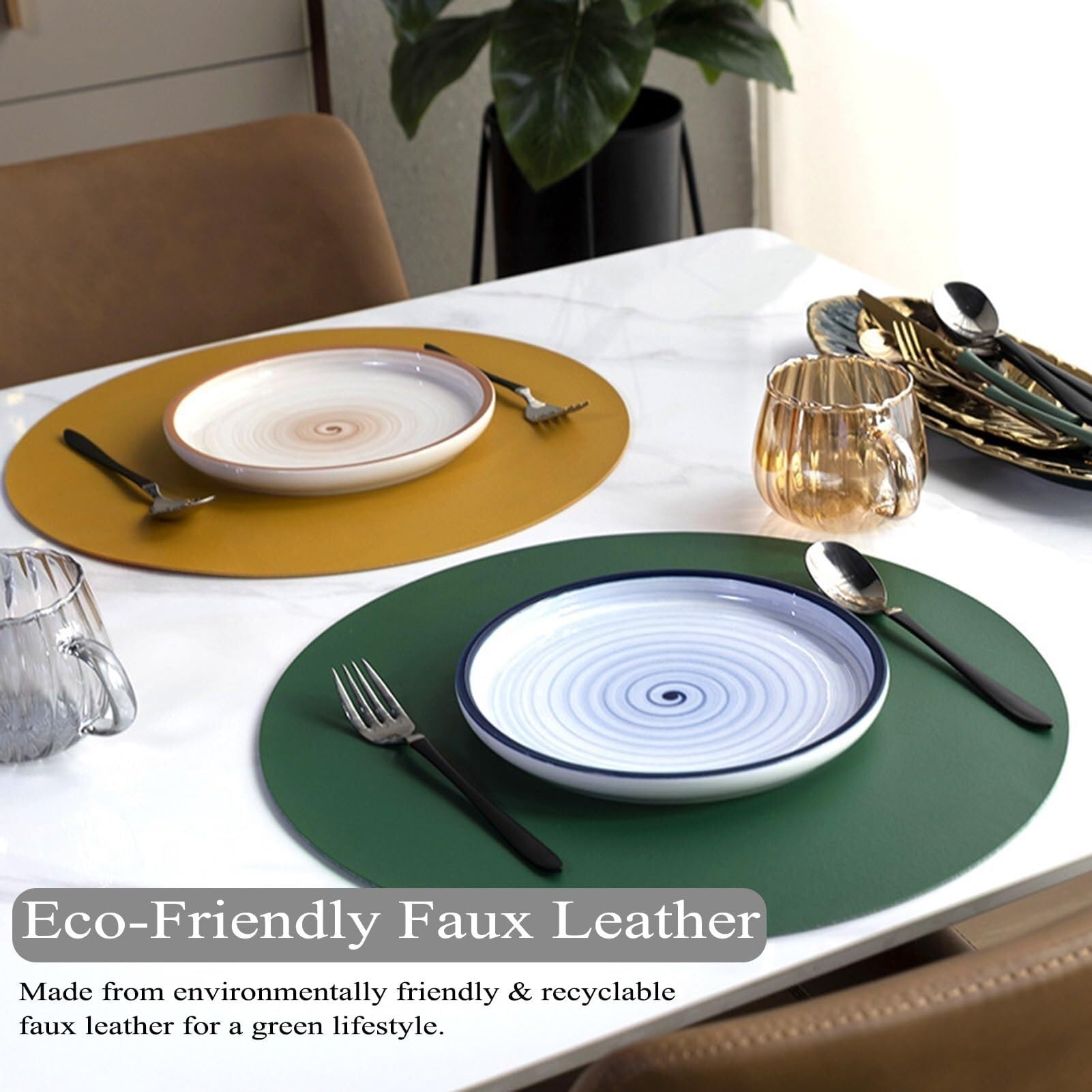 Lot de 6 sets de table ronds en similicuir pour tables de cuisine, table de salle à manger, décoration de cuisine - 38,1 cm - Lavables - Gris clair