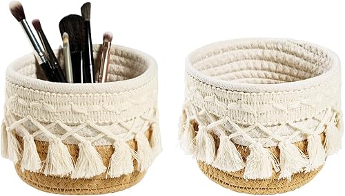 HEAVYWOOD Organizador de brochas de maquillaje de macramé, mini contenedores de maquillaje, cesta de almacenamiento redonda bohemia de 4.7 x 3.9