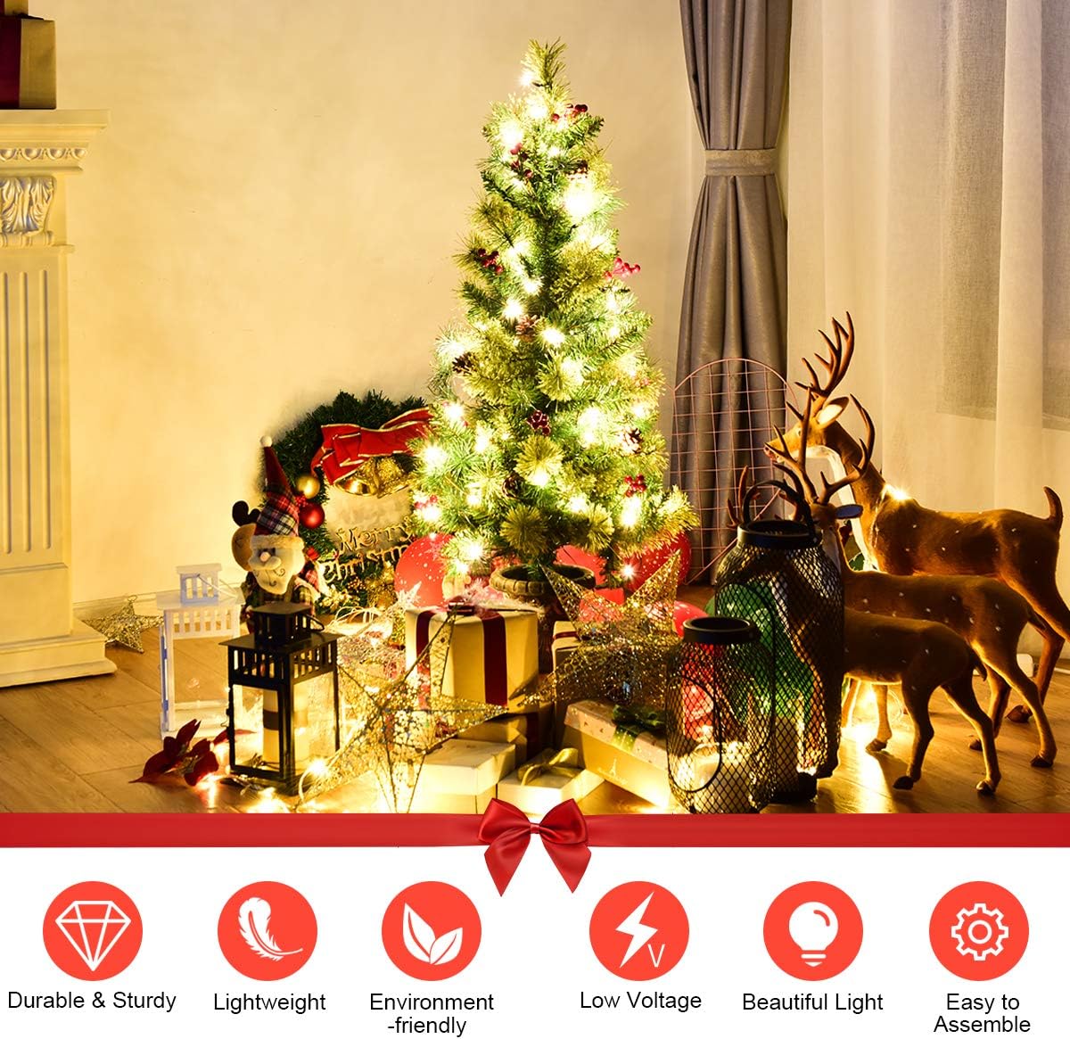 Goplus 3 FT Pre-Lit Entrance Tree with 40 Led Lights, Gold Urn Base, Pine Cones and Red Berries (3 FT Led Light)