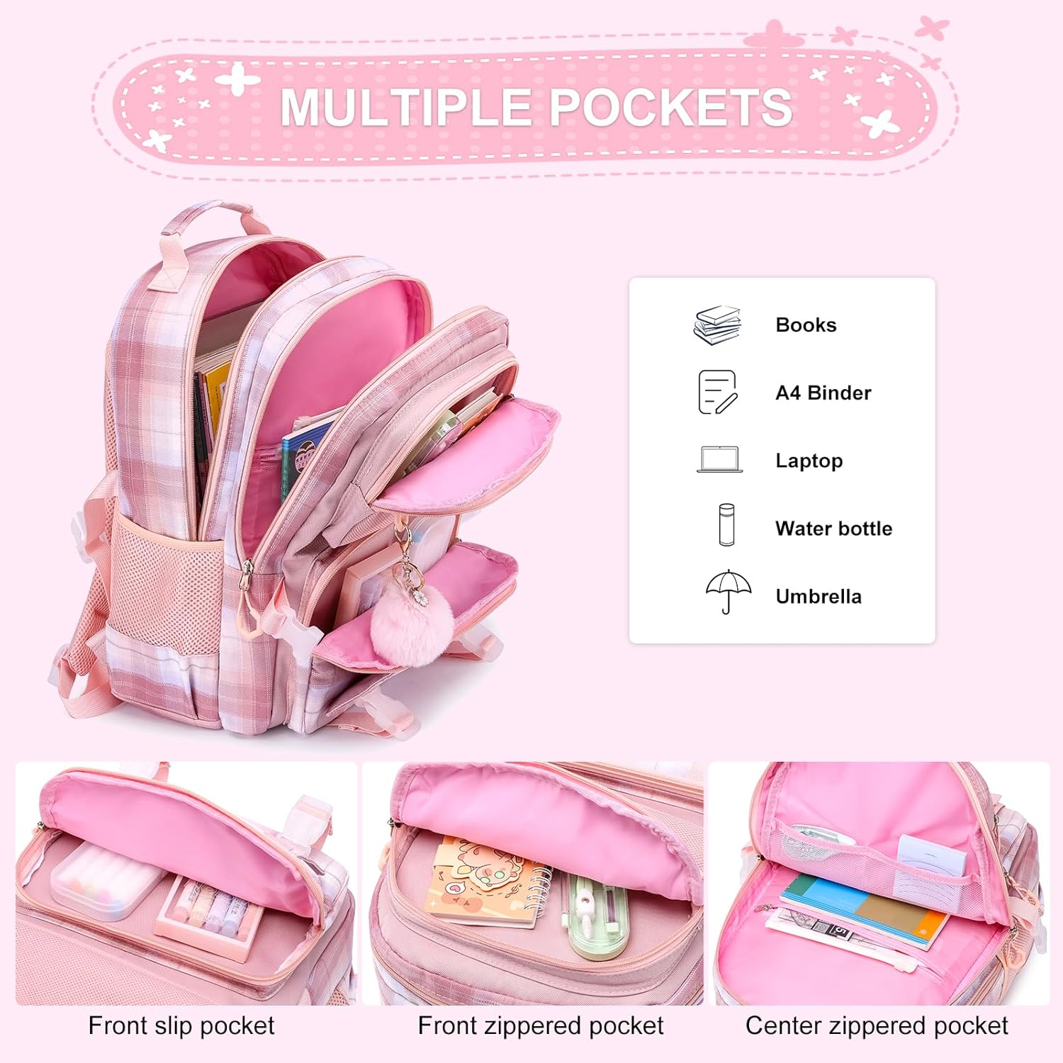 KEBEIXUAN Backpack for Girls - Cute School Bag with Lots of Pockets for Elementary Students, Durable & Functional | Mochila Escolares para Niñas (Pink)