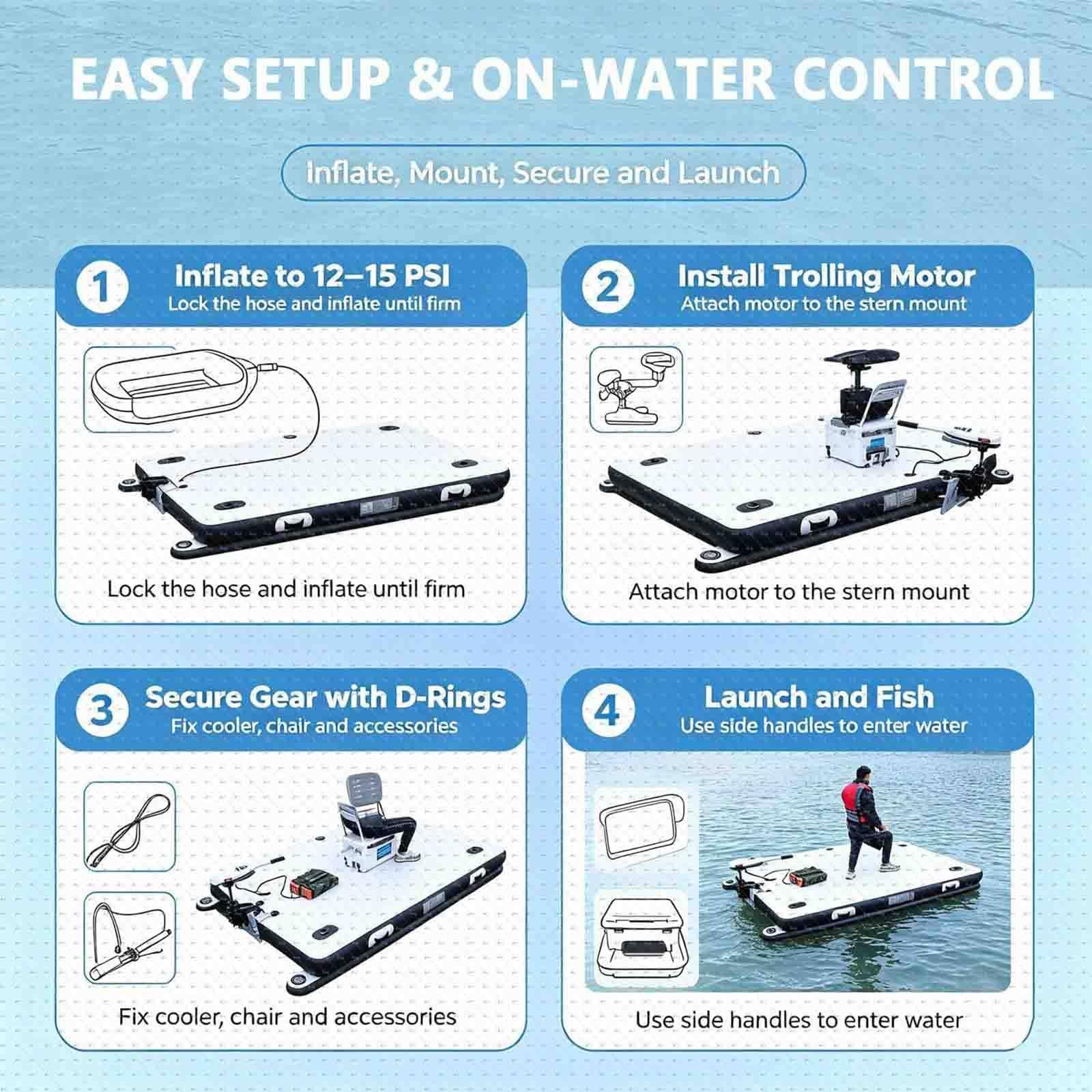 Barca da Pesca Gonfiabile Portatile 2M/2,5M,Piattaforma con Pompa e Remi Nomotor-2M | Isola Gonfiabile PVC 8 PSI Antiscivolo,Portata 400 kg,Supporto Motore,Anelli D,Lago,Piscina,Mare