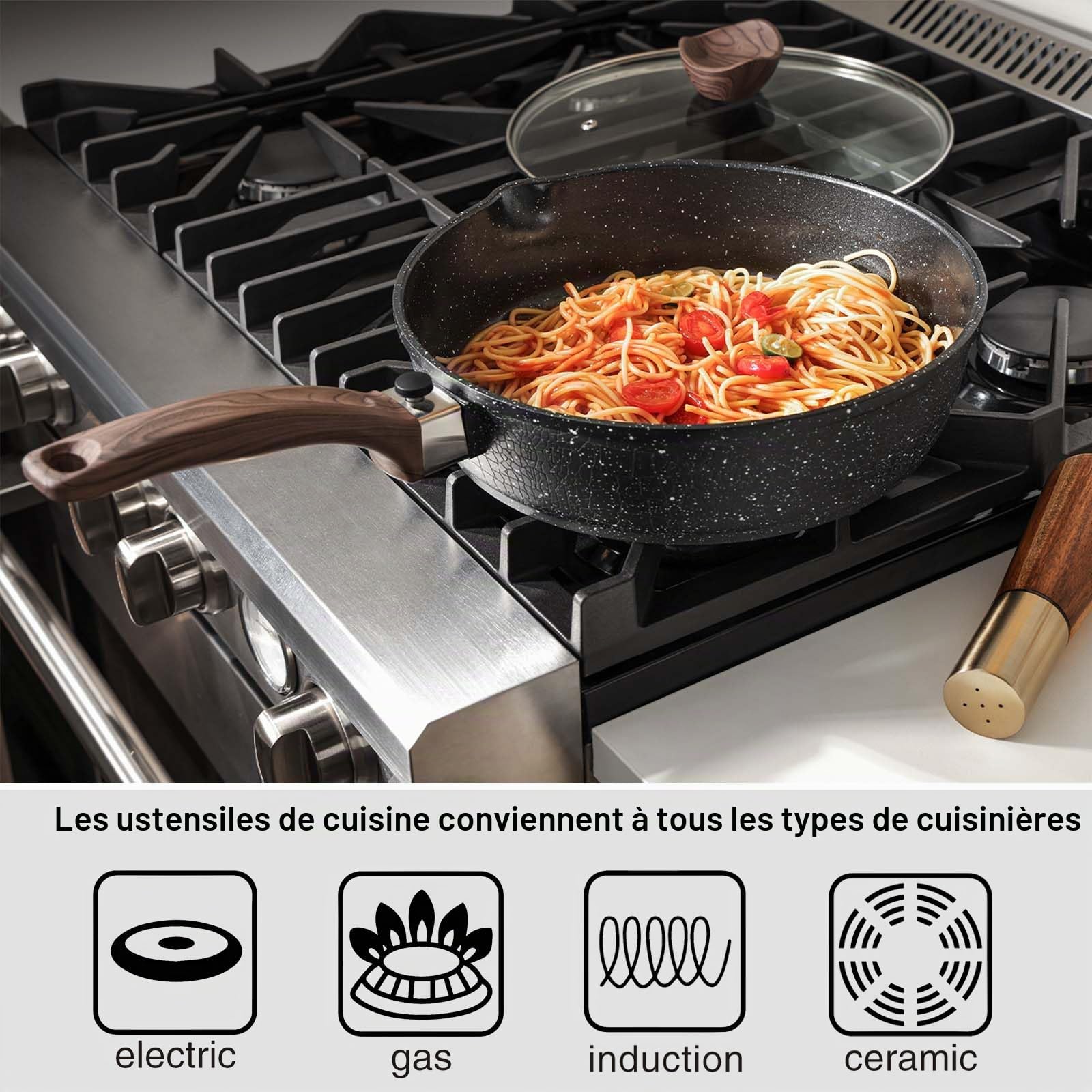 Kordisen Poêle à Frire Profonde 28 cm avec Couvercle, Poignée Amovible, Revêtement en Pierre de Granit Antiadhésive pour la Cuisson, Batterie de Cuisine à Induction, Sans PFOA