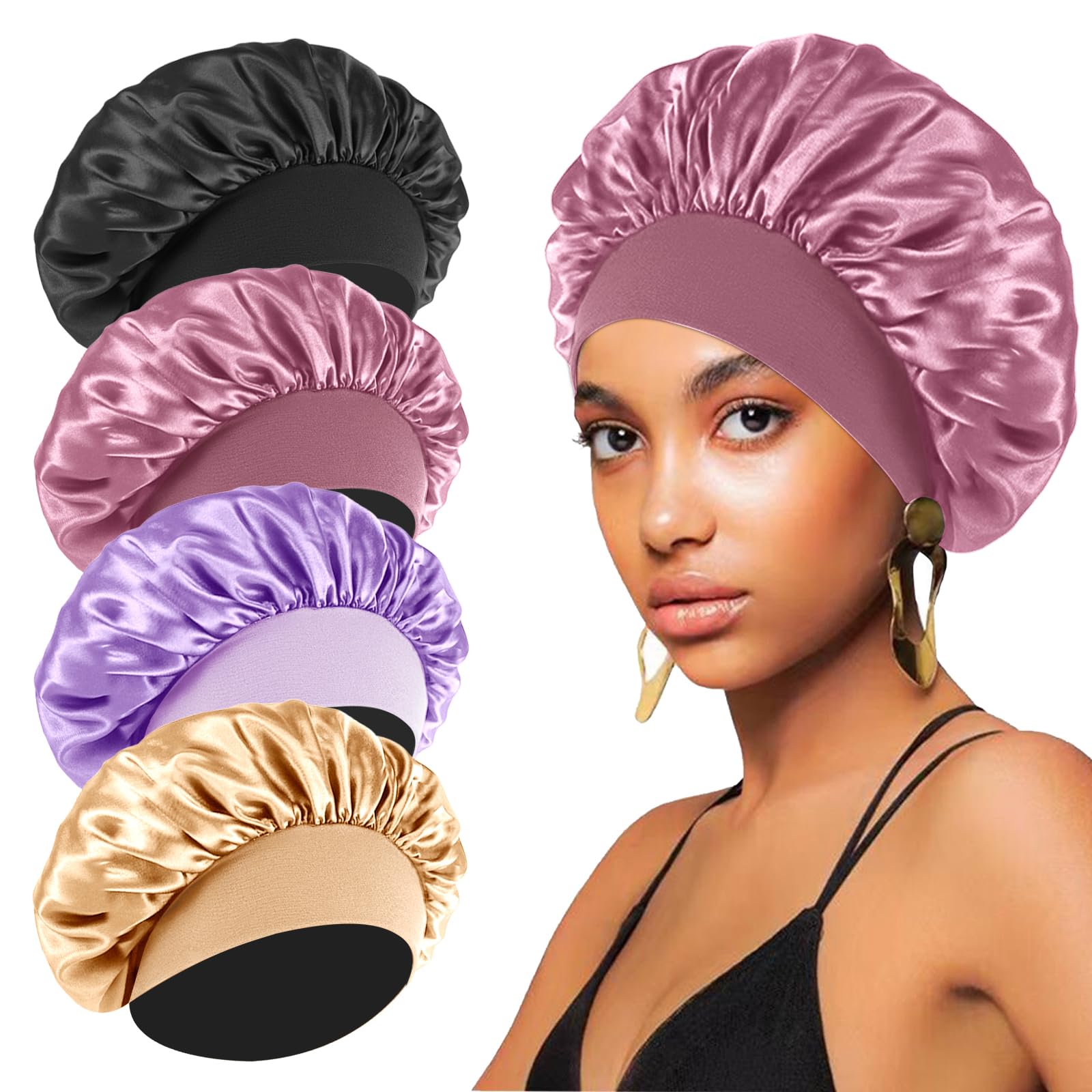 4PCS Silk Bonnet for Sleeping,Hair Wrap Satin Bonnets Shower Cap for Black Women Men Elastic Wide Band Bonnet Cap for Sleeping Curly Hair(Black & Bean Paste Pink & Purple & Brown)