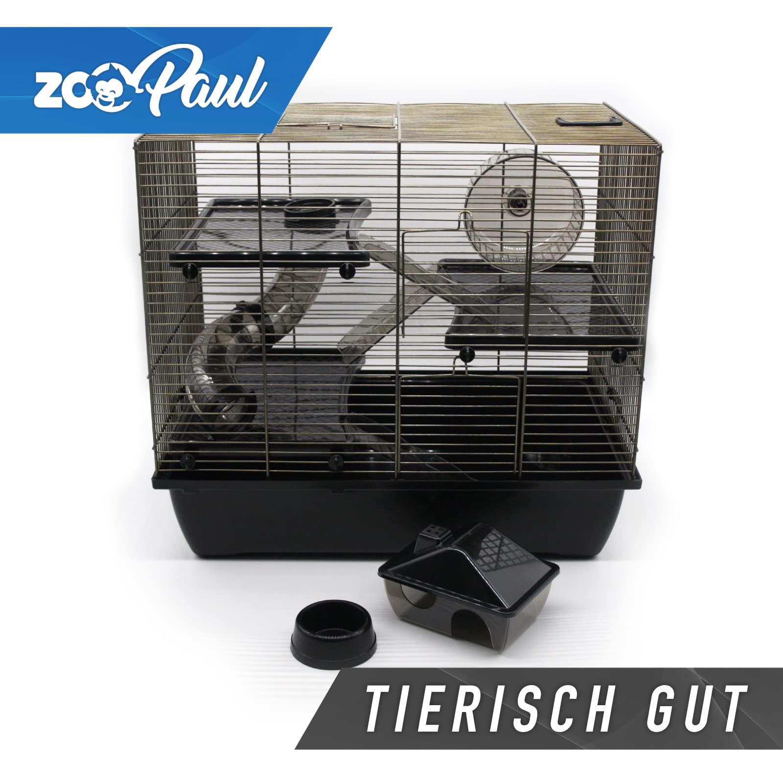 ZooPaul Deluxe Industrial Nagerkäfig Hamsterkäfig in schwarz Messing mit Zubehör