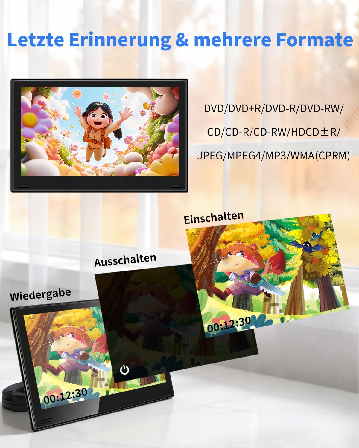 11,6" DVD Player Auto mit HDMI-Eingang & Ausgang, Tragbarer Auto DVD-Player mit Kopfstützenhalterung, Disc-Eingang mit Saugnapf, Unterstützt Letzter Speicher, USB/TF-Karte