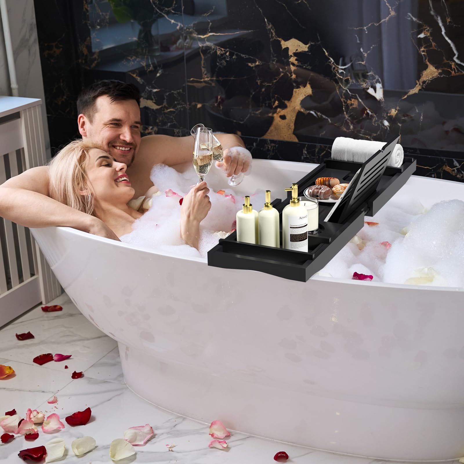 Vassoio Regolabile Per Vasca Da Bagno In Bambù - Portaoggetti Antiscivolo 75-109cm - Foto 11