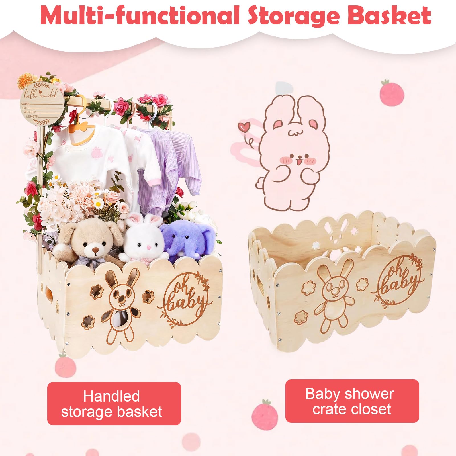 Holz Baby Geschenk Korb mit Griff - Baby Aufbewahrungskorb, Babyparty Schrank mit Namensschilder Holz, Girlanden Kunststoff und 4 Kinder KleiderbüGeln für Neugeborene Babyparty Neue Eltern