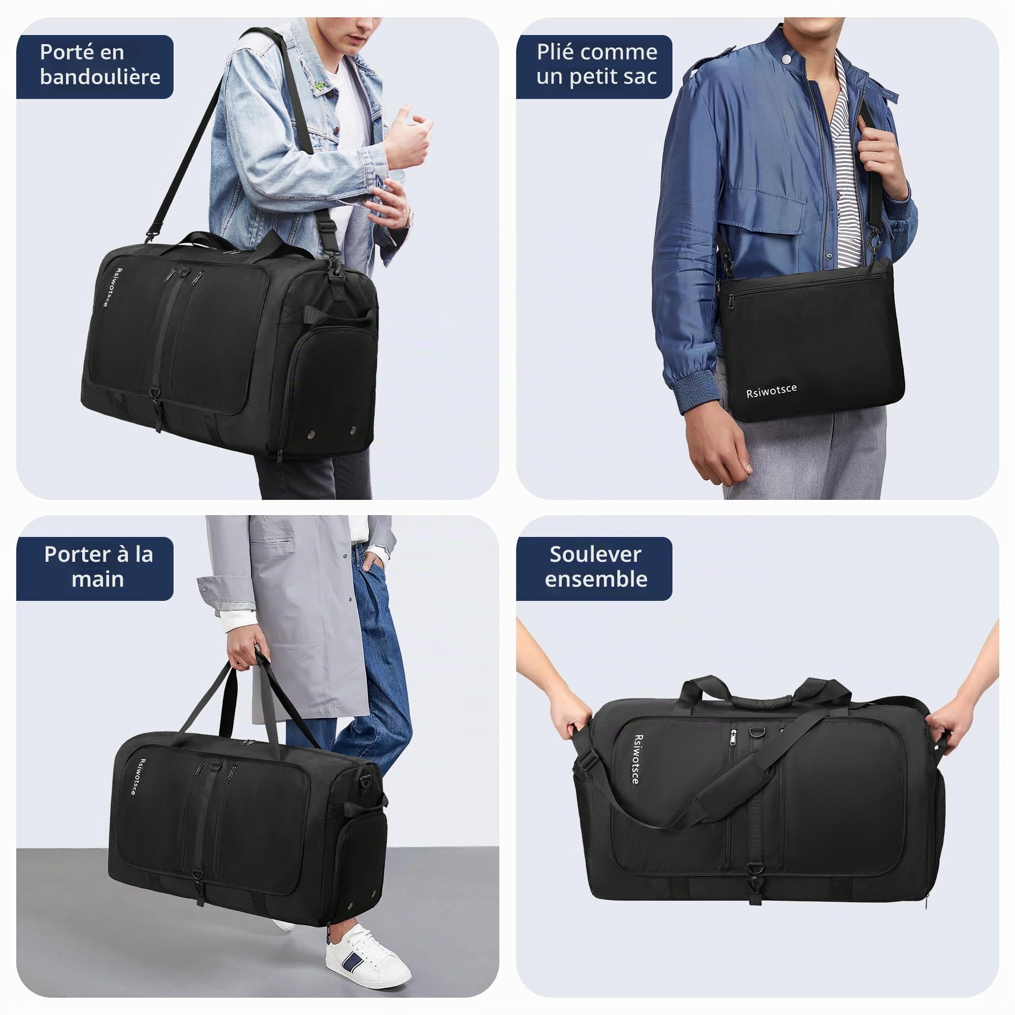 Sac de Voyage Pliable 110L Grande Capacité - Valise de Stockage 76x34x43 cm- Sac Week-End Imperméable Sport/Famille - Polyester Renforcé Léger pour Vacances Longues (Noir)