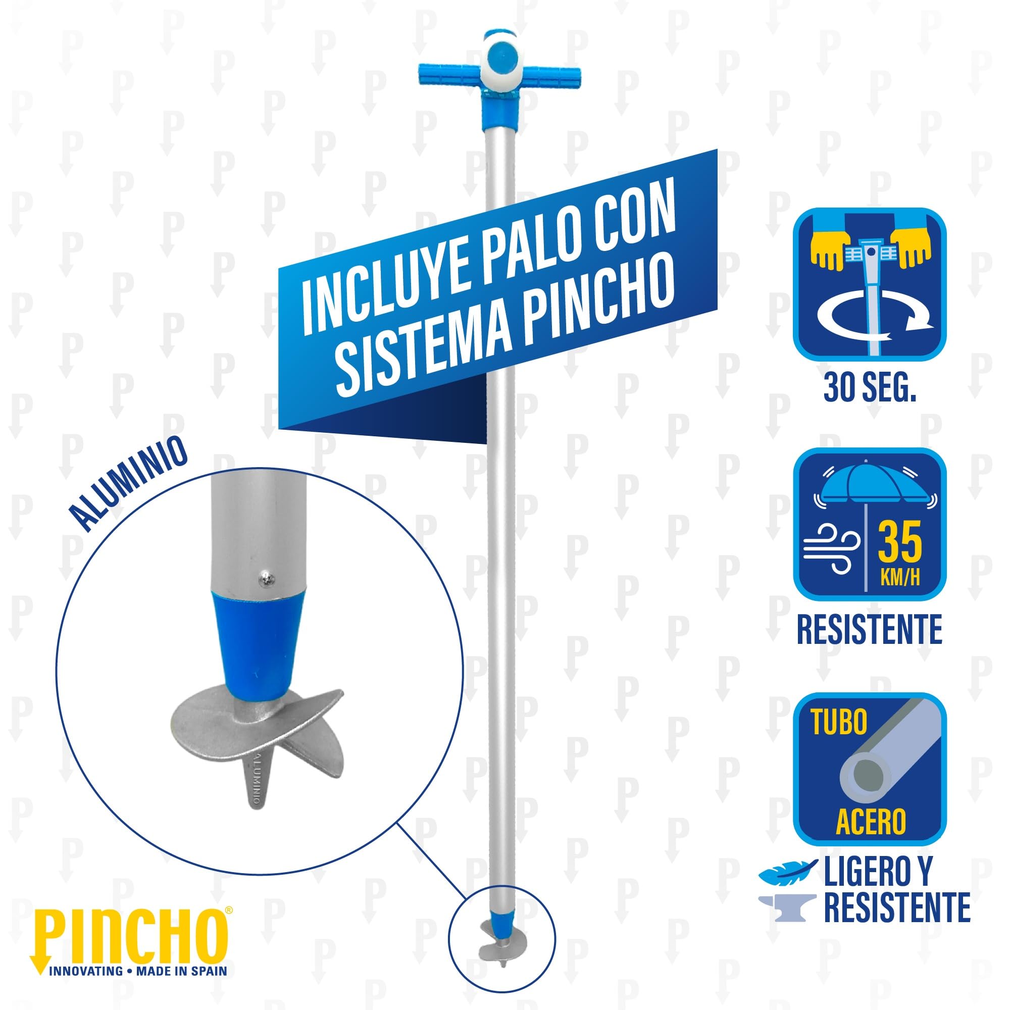 Pincho Ombrellone da spiaggia Ø180 cm Acciaio, tessuto poliestere con protezione UPF 50+, sistema, punta in alluminio e levetta, 8 aste in acciaio da 3 mm, reclinabile