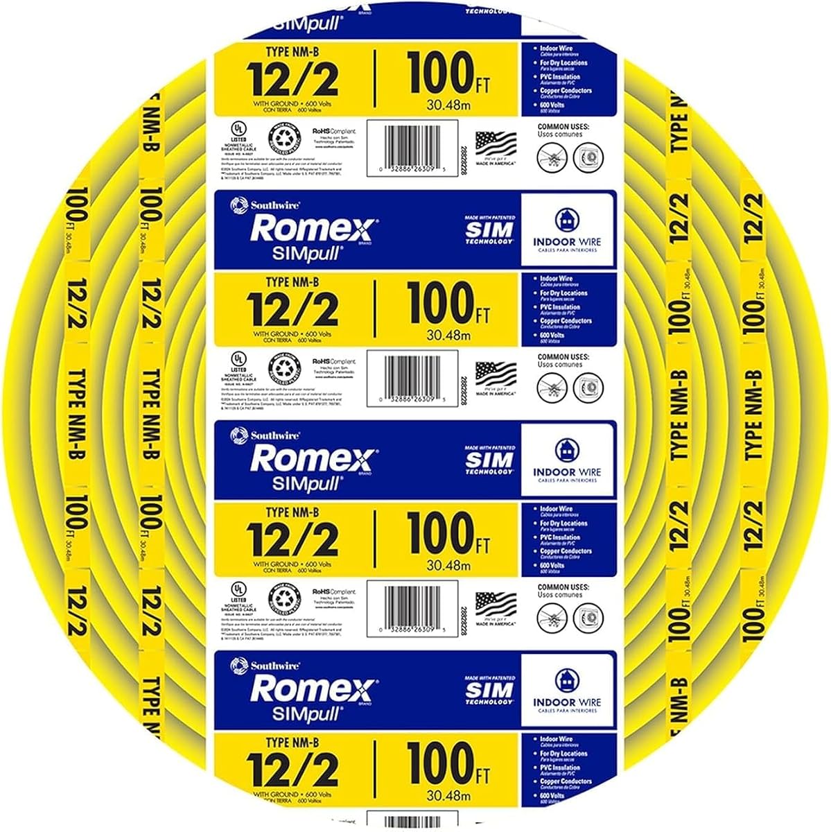 Southwire Romex Brand Simpull Solid Indoor 12/2 W/G NMB Cable 100ft Coil - SW# 28828228