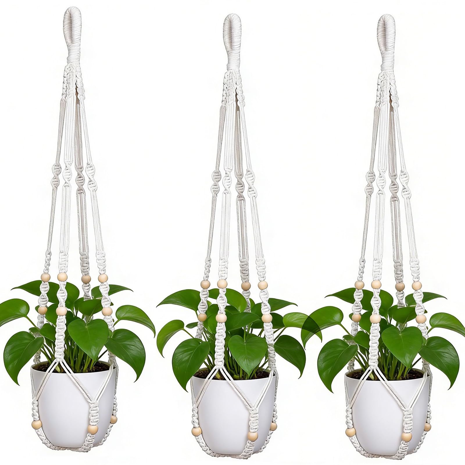 YIBOT Macrame Plant Hanger Indoor Hanging Planter Basket with Wood Beads Decorative Flower Pot Holder No Tassels for Indoor Outdoor Boho Home Decor 35 Inch, Ivory, Set of 3 (POTS NOT Included)